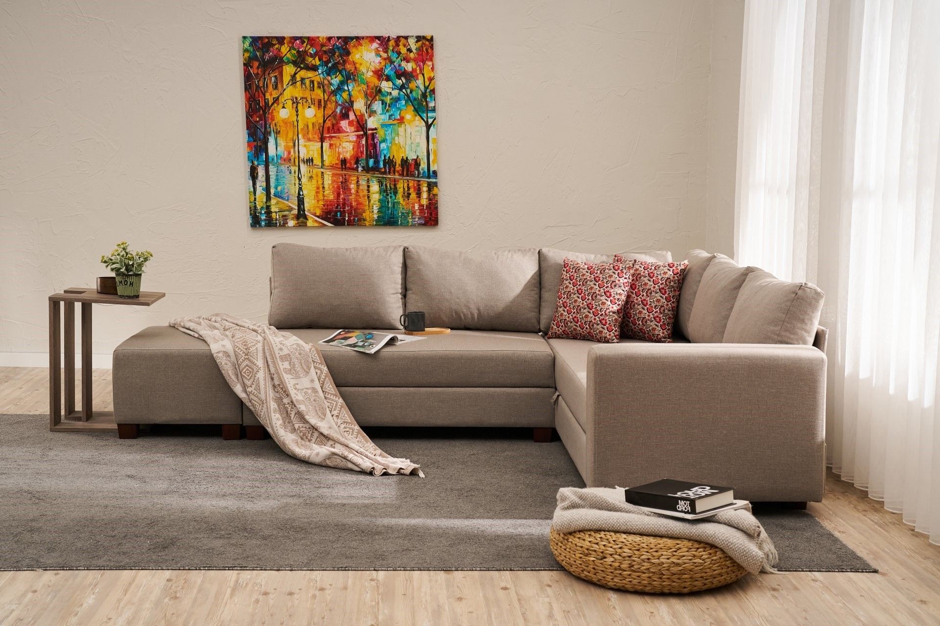 Sofá-cama de canto bege, 280 cm | Estrutura de madeira, tecido de algodão/poliéster | Tamanho da cama: 150 x 190 cm, cômoda | Design ecológico, elegante e funcional