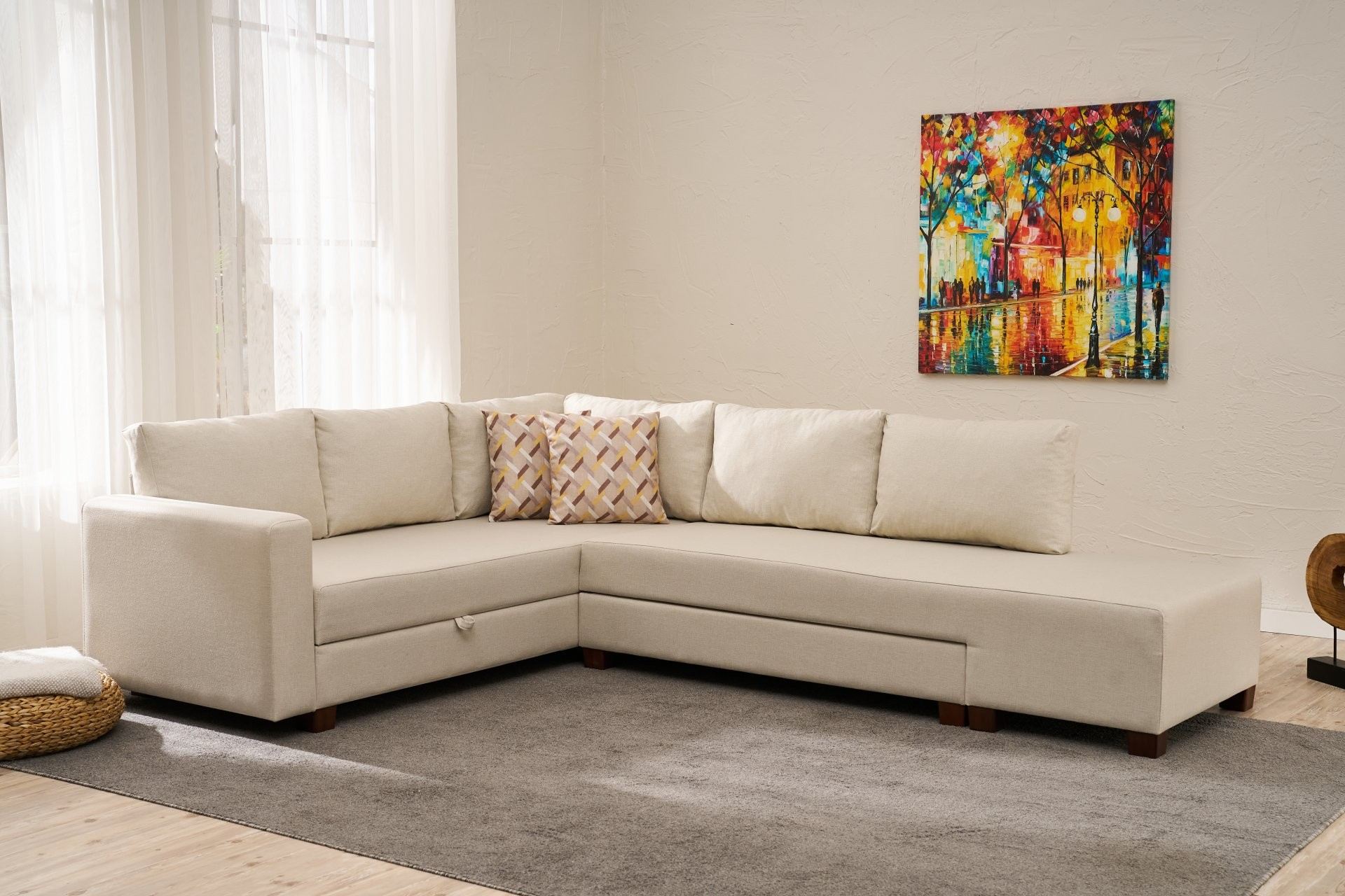 Sofá-cama de canto elegante, cor creme, 280 cm | Estrutura de madeira, tecido de algodão/poliéster | Ecológico, baú de armazenamento, perfeito para espaços de vida modernos