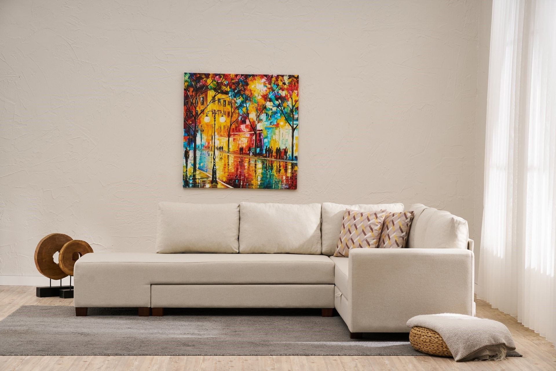 Sofá-cama de canto elegante, cor creme, 280 cm | Estrutura de madeira, tecido de algodão/poliéster | Ecológico, baú de armazenamento, perfeito para espaços de vida modernos