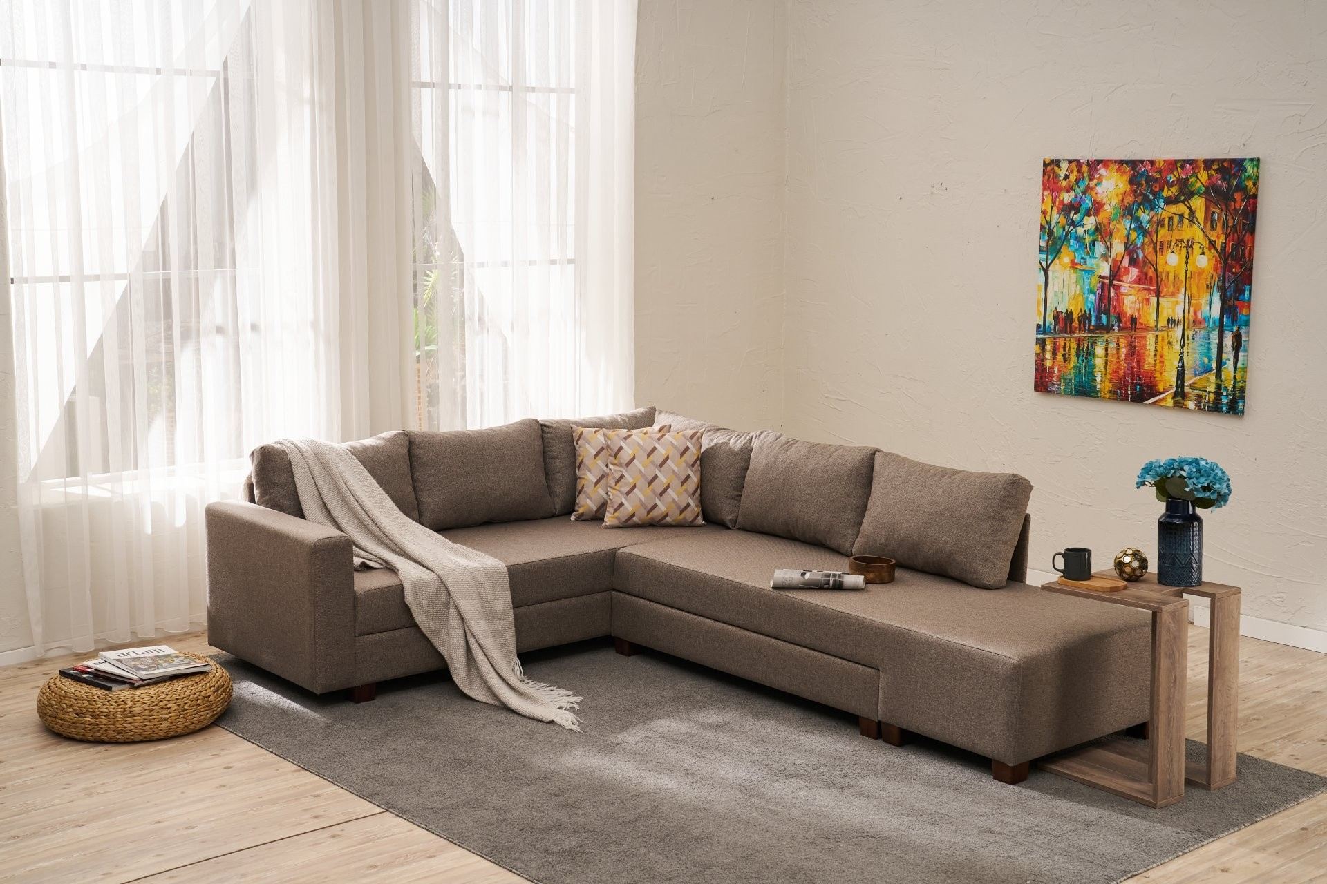 Sofá-cama de canto elegante, marrom, 280 cm | Estrutura de madeira, tecido de algodão/poliéster | Converte-se em cama de 150 x 190 cm | Design ecológico e confortável