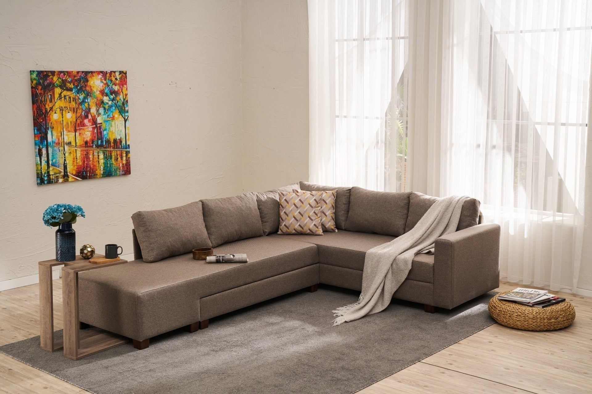 Sofá-cama de canto elegante, marrom, 280 cm | Estrutura de madeira, tecido de algodão/poliéster | Converte-se em cama de 150 x 190 cm | Design ecológico e confortável