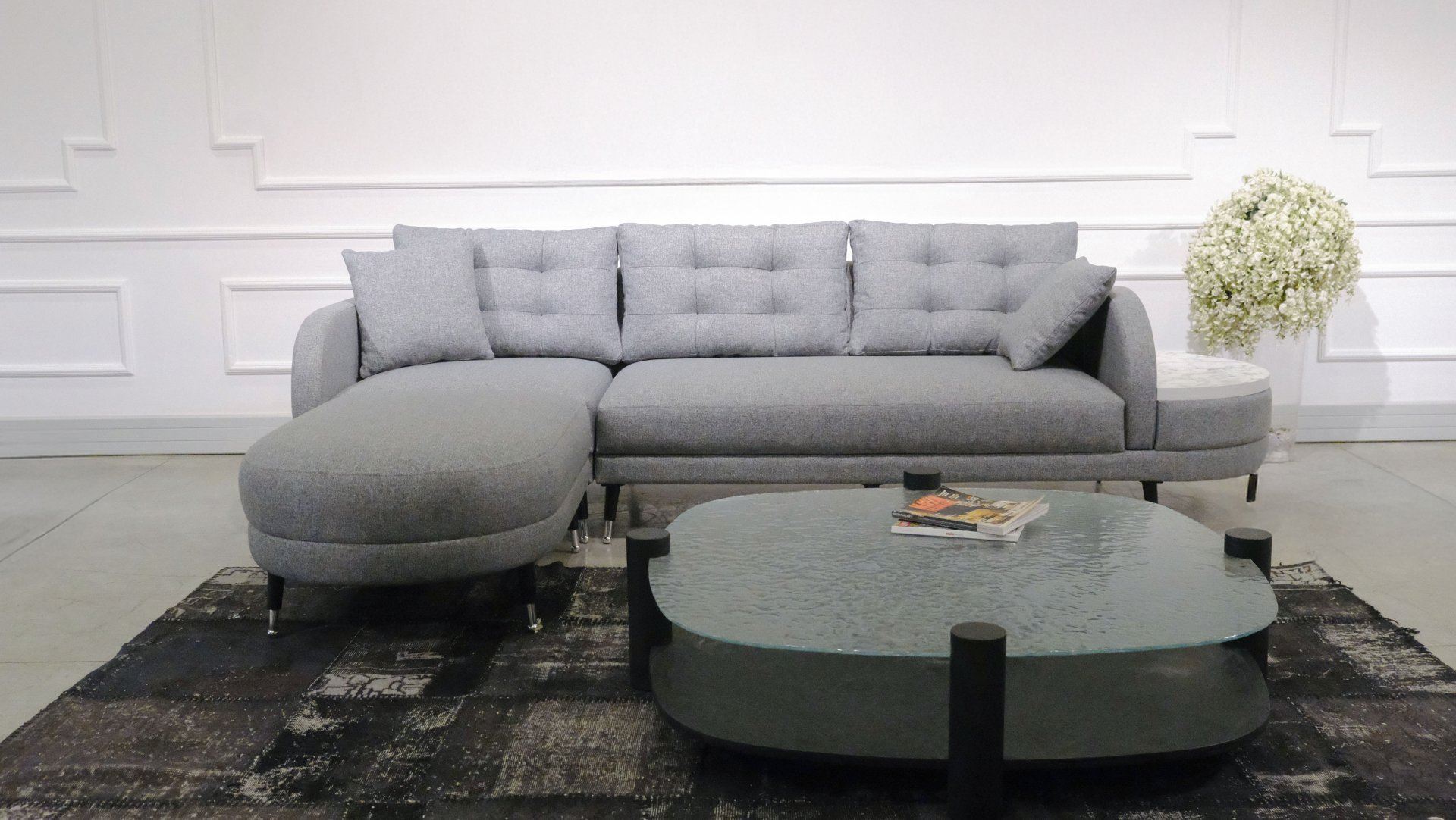 Sofá-cama de canto elegante, cinza, 290 cm | Estrutura em MDF/Aglomerado, 100% linho poliéster | Assentos confortáveis e ecológicos para espaços de convivência modernos