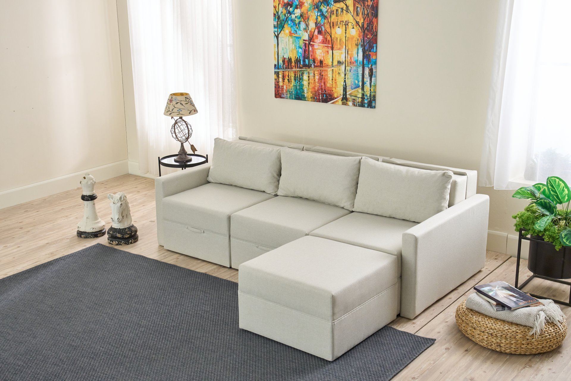 Sofá-cama de canto-Saros-Creme