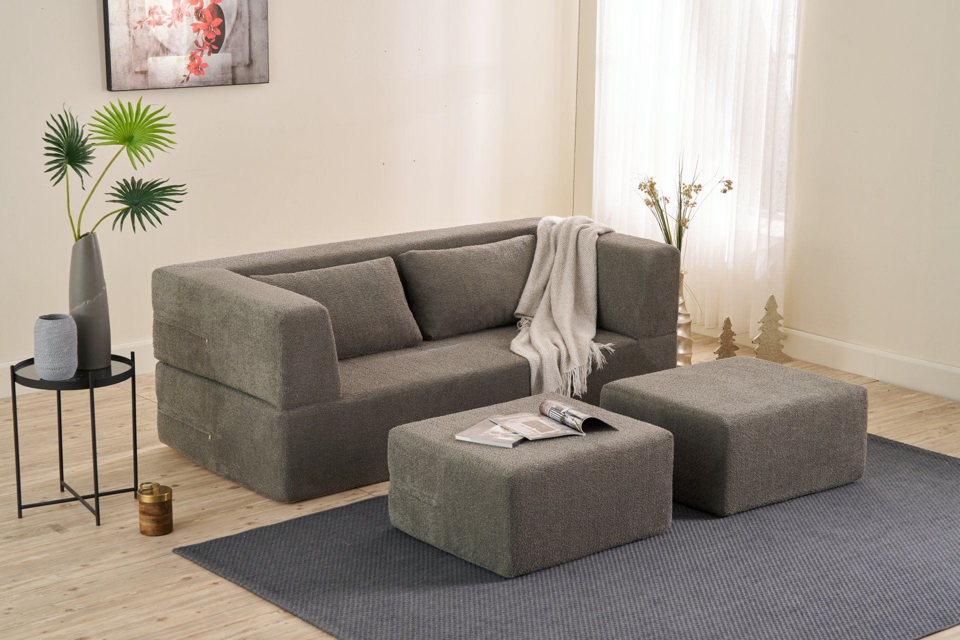 Sofá-cama confortável de 2 lugares, tecido chenille cinza, 200 x 185 cm | Espuma macia, sem necessidade de montagem, design ecológico | Perfeito para espaços modernos