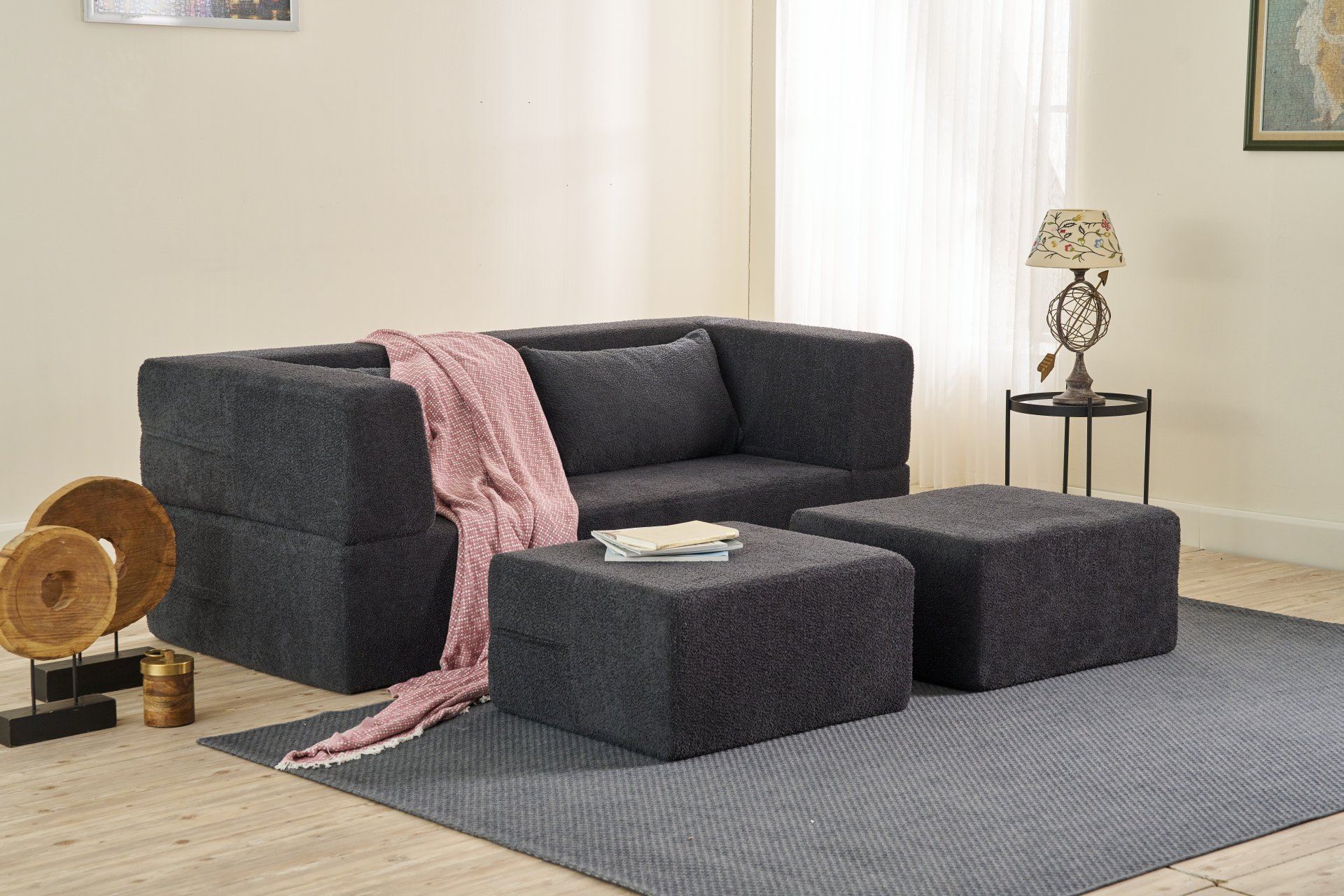 Sofá-cama confortável de 2 lugares, Chenille antracite, 200 x 185 cm | Espuma macia, sem necessidade de montagem, ecológico | Perfeito para espaços modernos