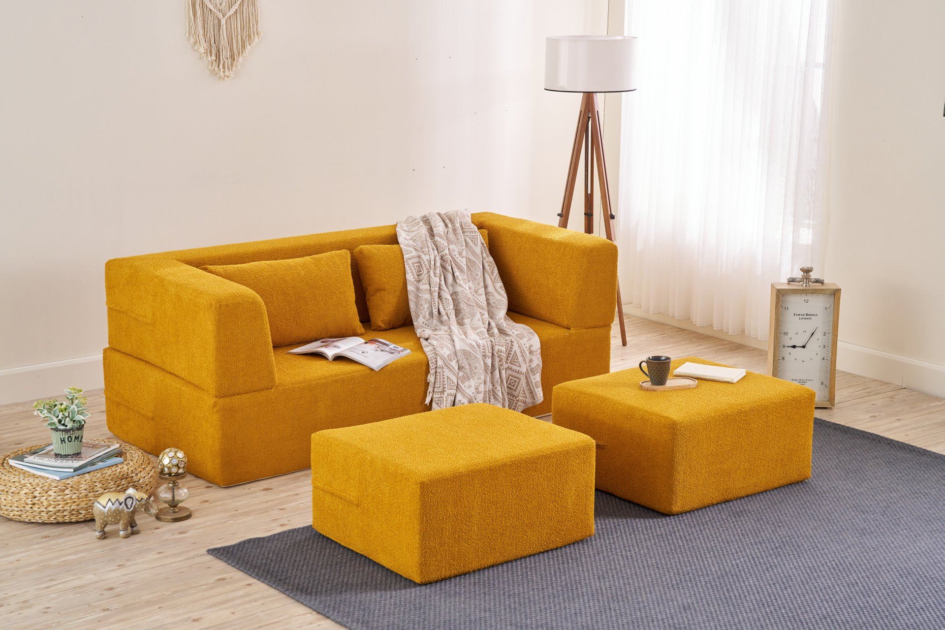 Sofá-cama elegante de 2 lugares, tecido chenille laranja, 200 x 185 cm | Conforto em espuma macia, ecológico, sem necessidade de montagem | Perfeito para espaços modernos