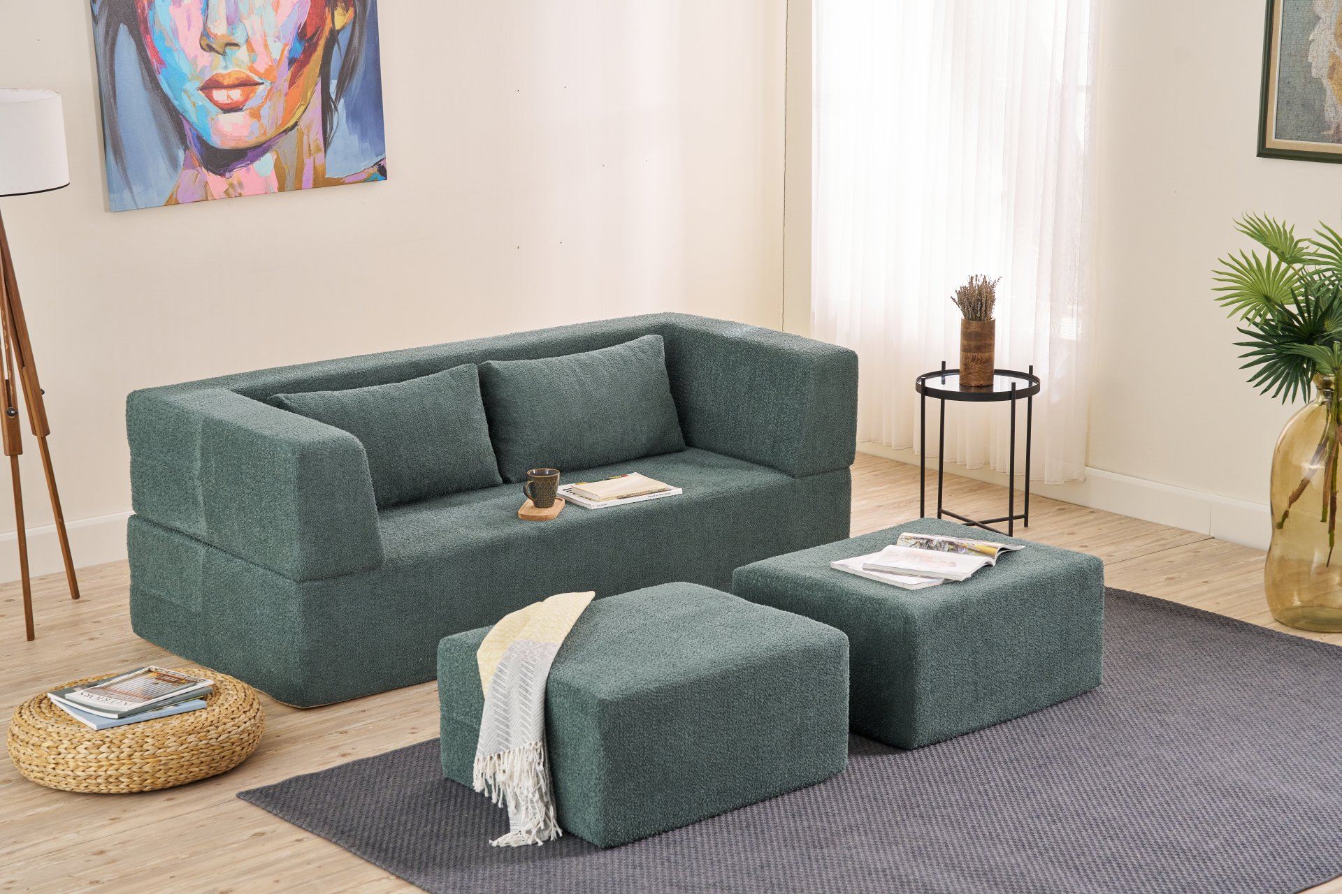 Sofá-cama confortável de 2 lugares, tecido chenille verde, 200 x 185 cm | Espuma macia, sem necessidade de montagem, design ecológico | Perfeito para espaços modernos