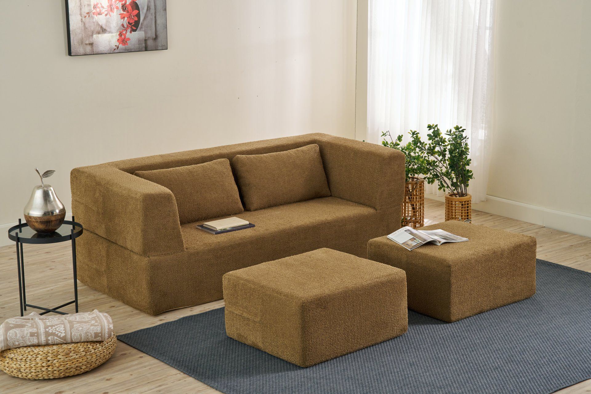 Sofá-cama confortável de 2 lugares, tecido chenille marrom, 200 x 185 cm | Espuma macia, sem necessidade de montagem, design ecológico | Perfeito para salas de estar e quartos de hóspedes