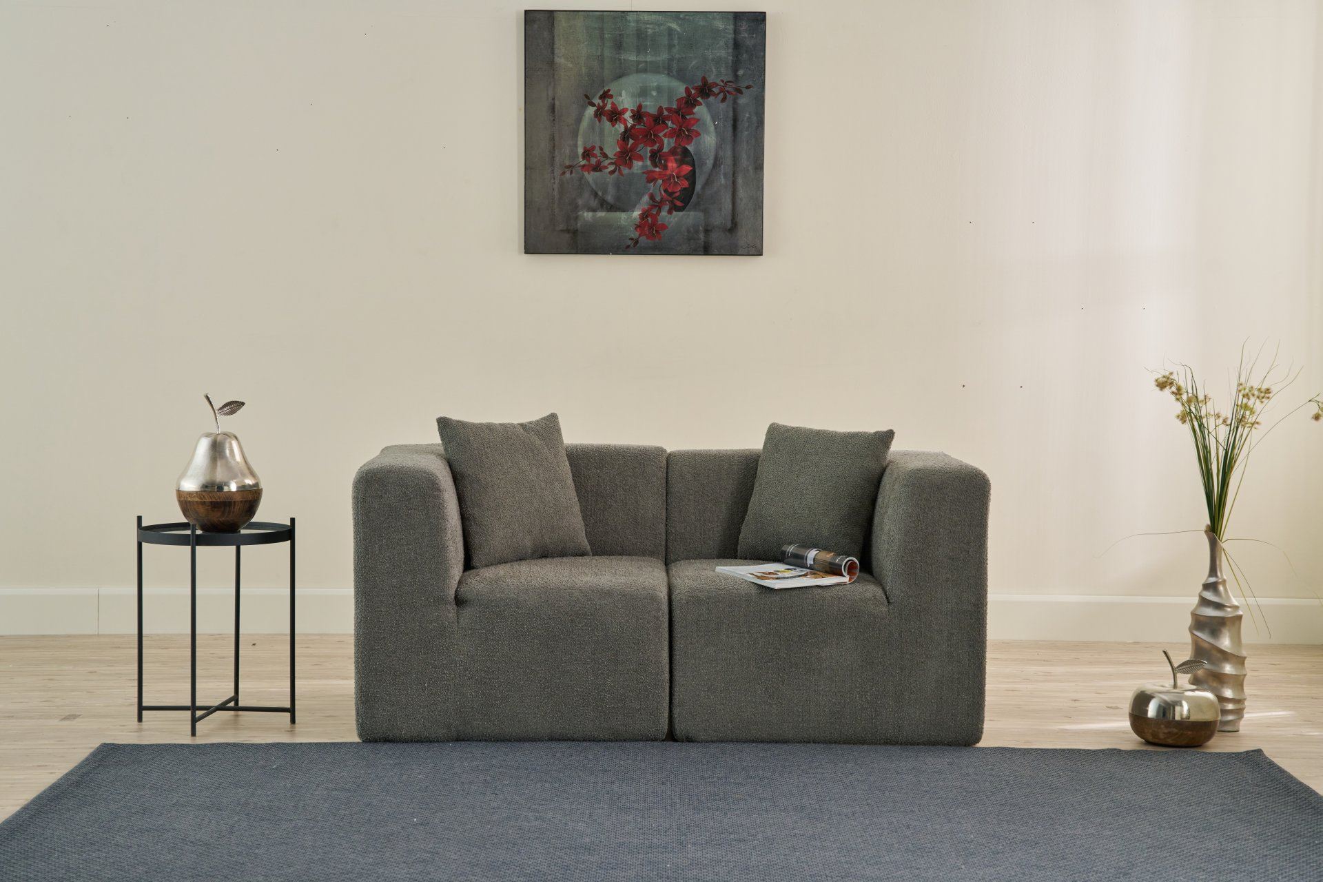 Sofá elegante de 2 lugares, tecido chenille cinza, 165 x 70 x 85 cm | Almofadas de espuma macia, sem estrutura rígida, ecológico, sem necessidade de montagem | Perfeito para salas de estar