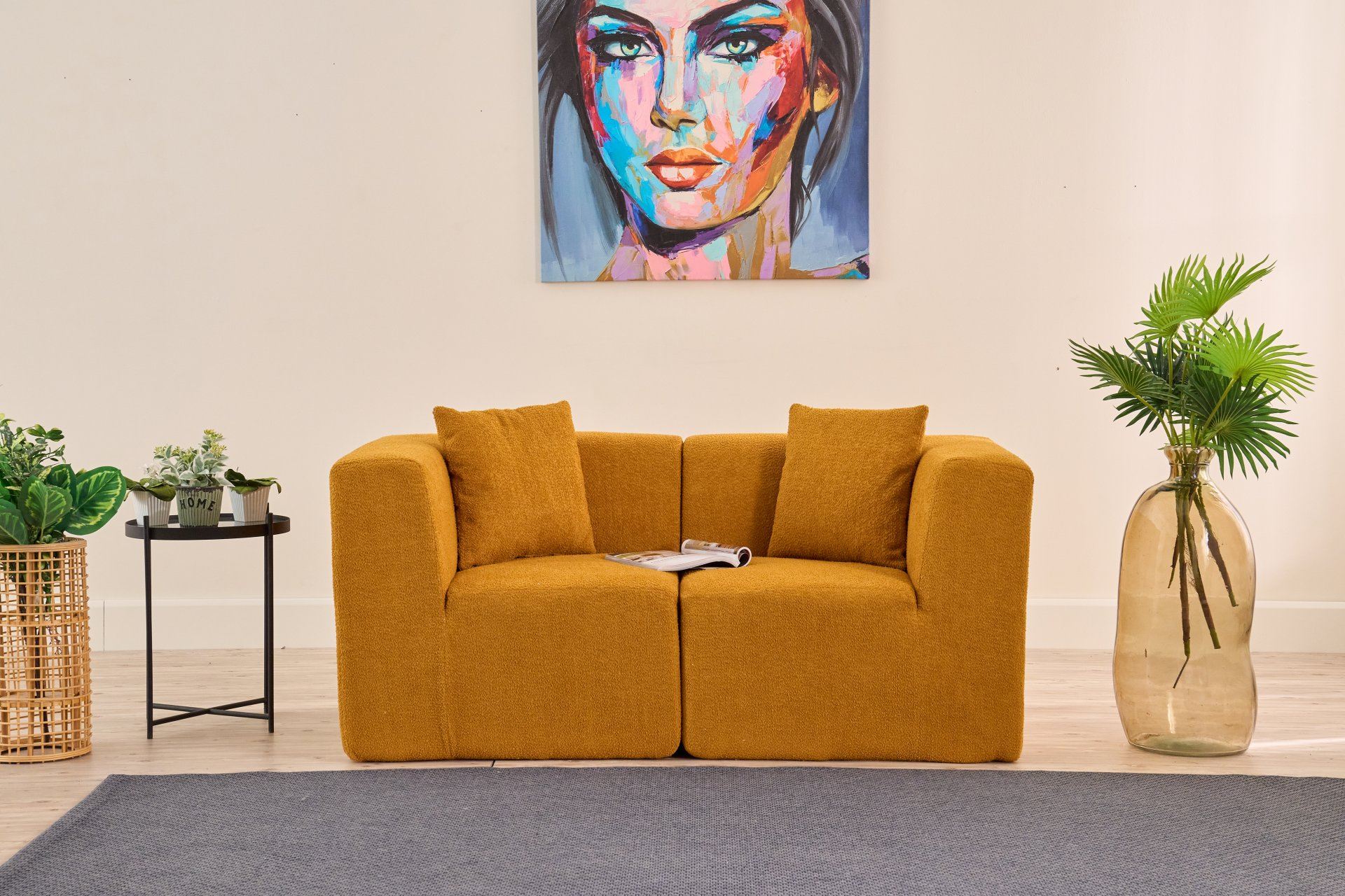 Sofá elegante de 2 lugares, tecido chenille laranja, 165 x 70 x 85 cm | Almofadas de espuma macia, sem necessidade de montagem | Conforto ecológico para espaços de vida modernos