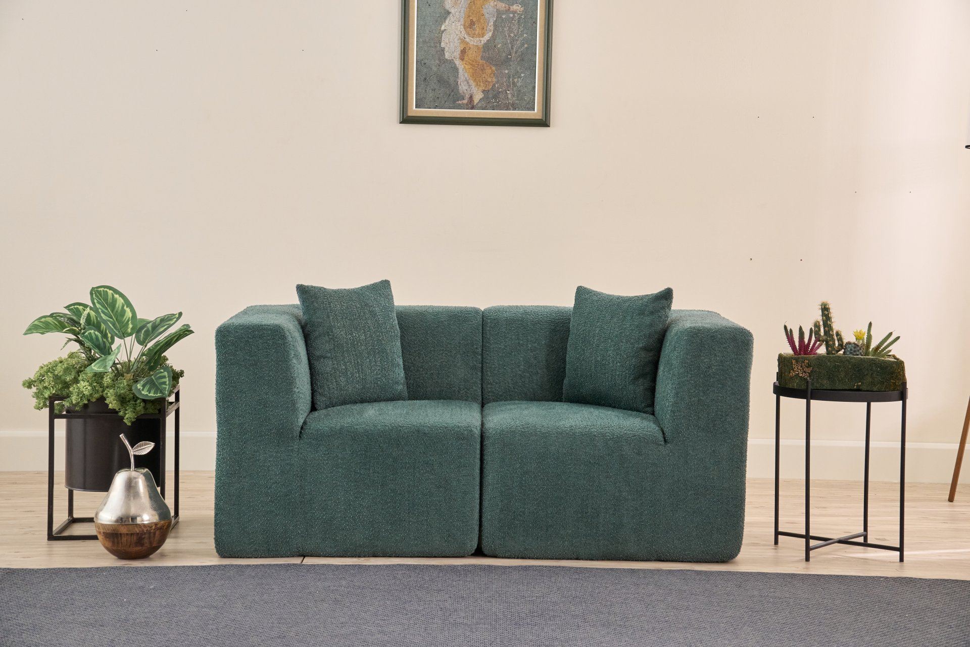 Sofá elegante de 2 lugares, tecido chenille verde, 165 x 70 x 85 cm | Almofadas de espuma macia, sem necessidade de montagem | Conforto ecológico para espaços de vida modernos