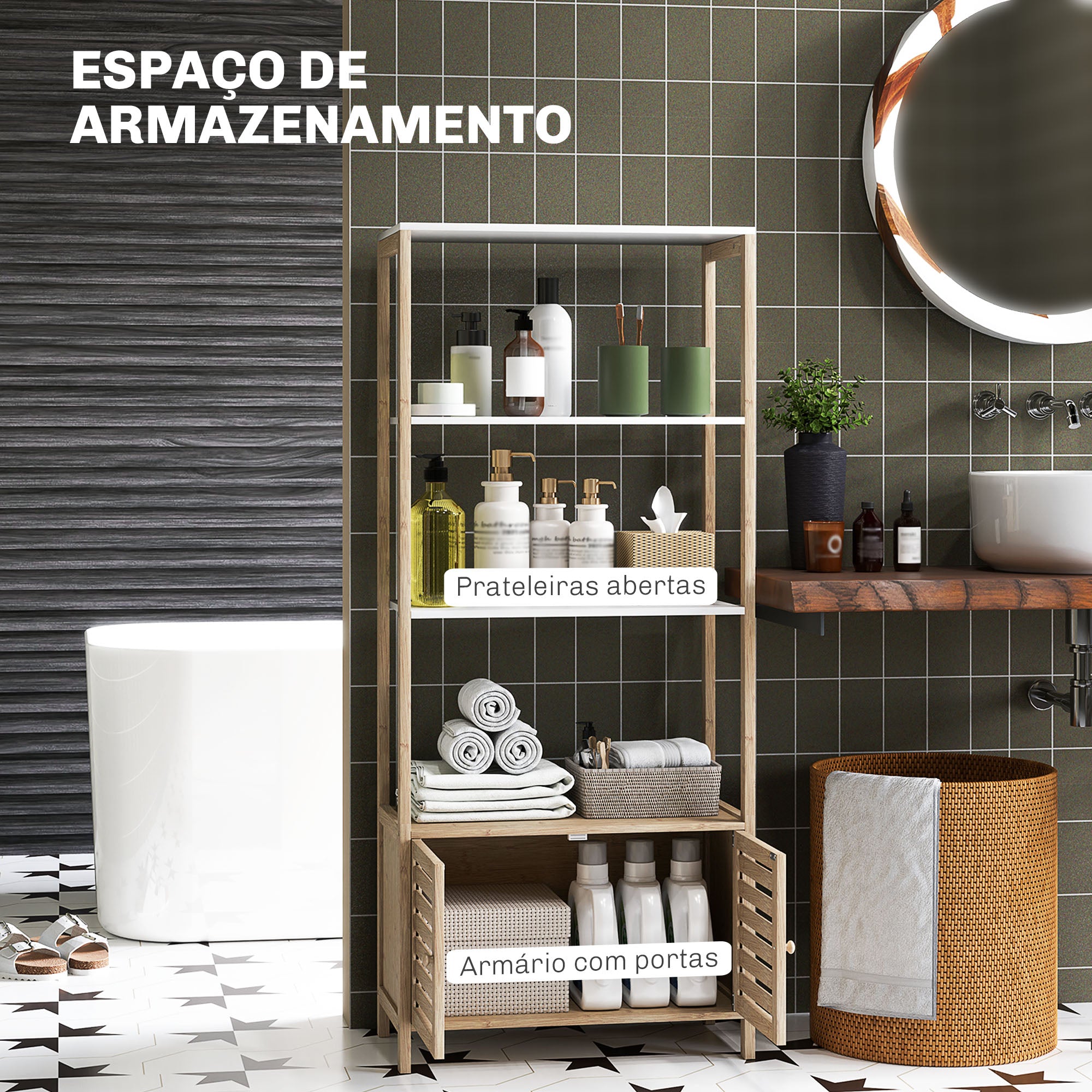 Estante de Bambu para Casa de Banho 63x30x138 cm - Madeira e Branco
