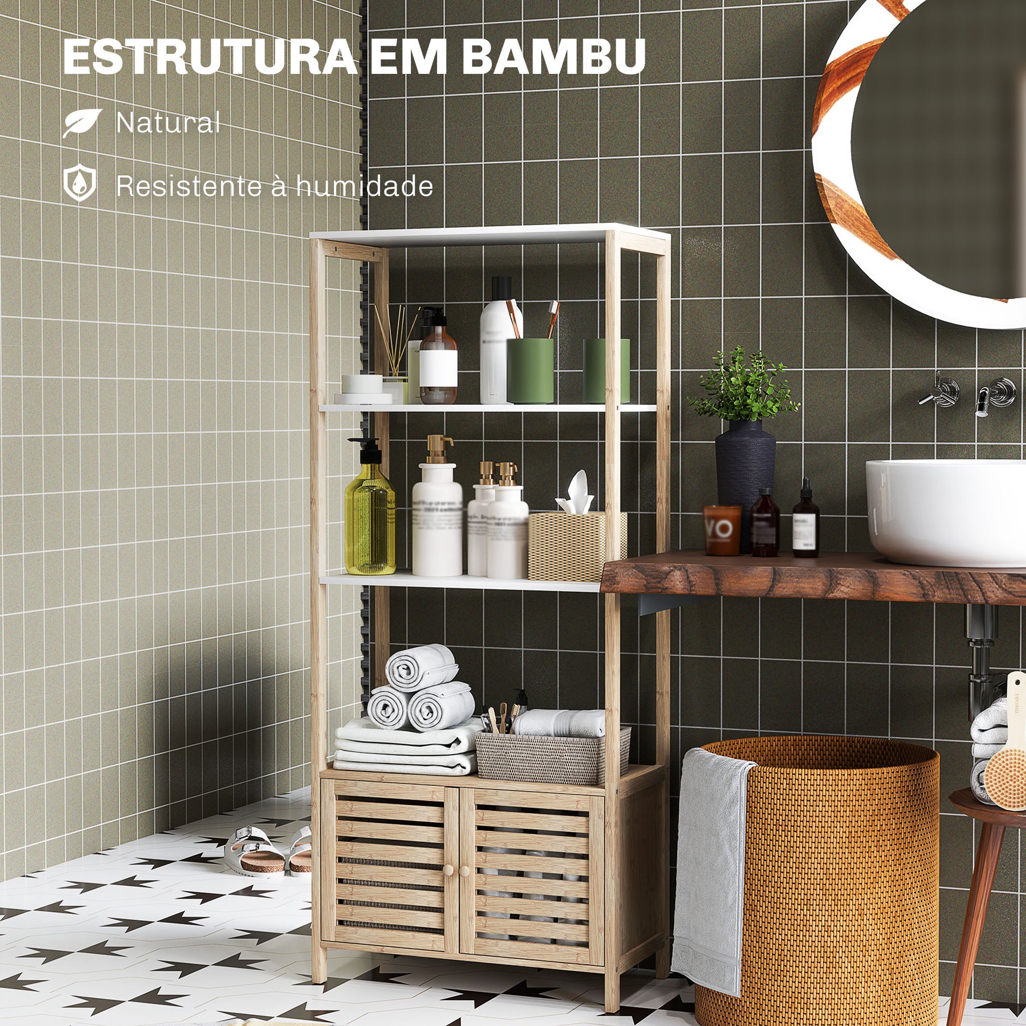 Estante de Bambu para Casa de Banho 63x30x138 cm - Madeira e Branco