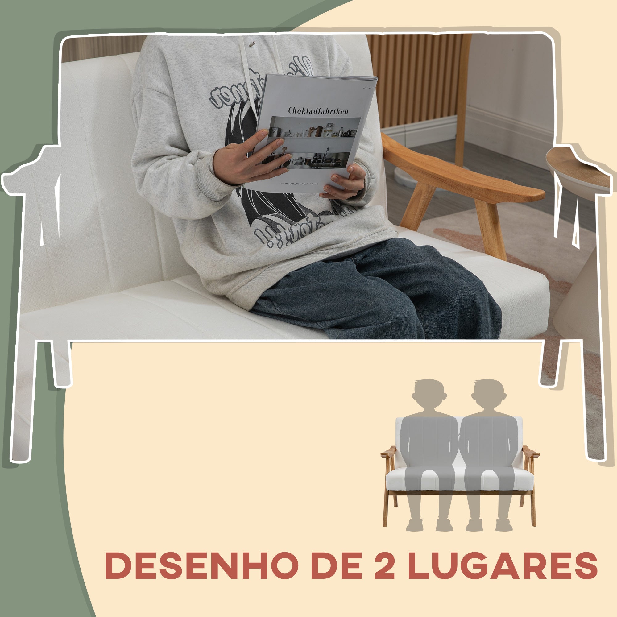 Sofá de 2 Lugares 126x74x82 cm - Cor Creme Branco