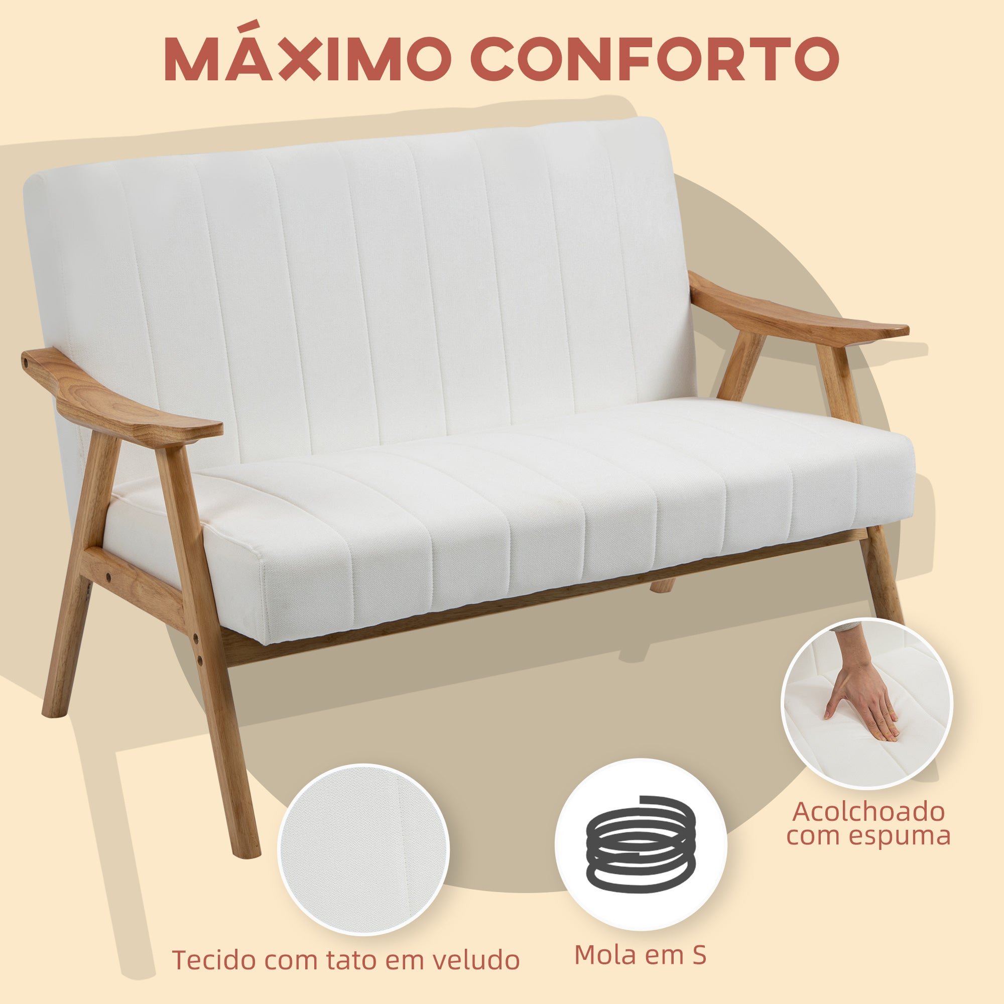 Sofá de 2 Lugares 126x74x82 cm - Cor Creme Branco