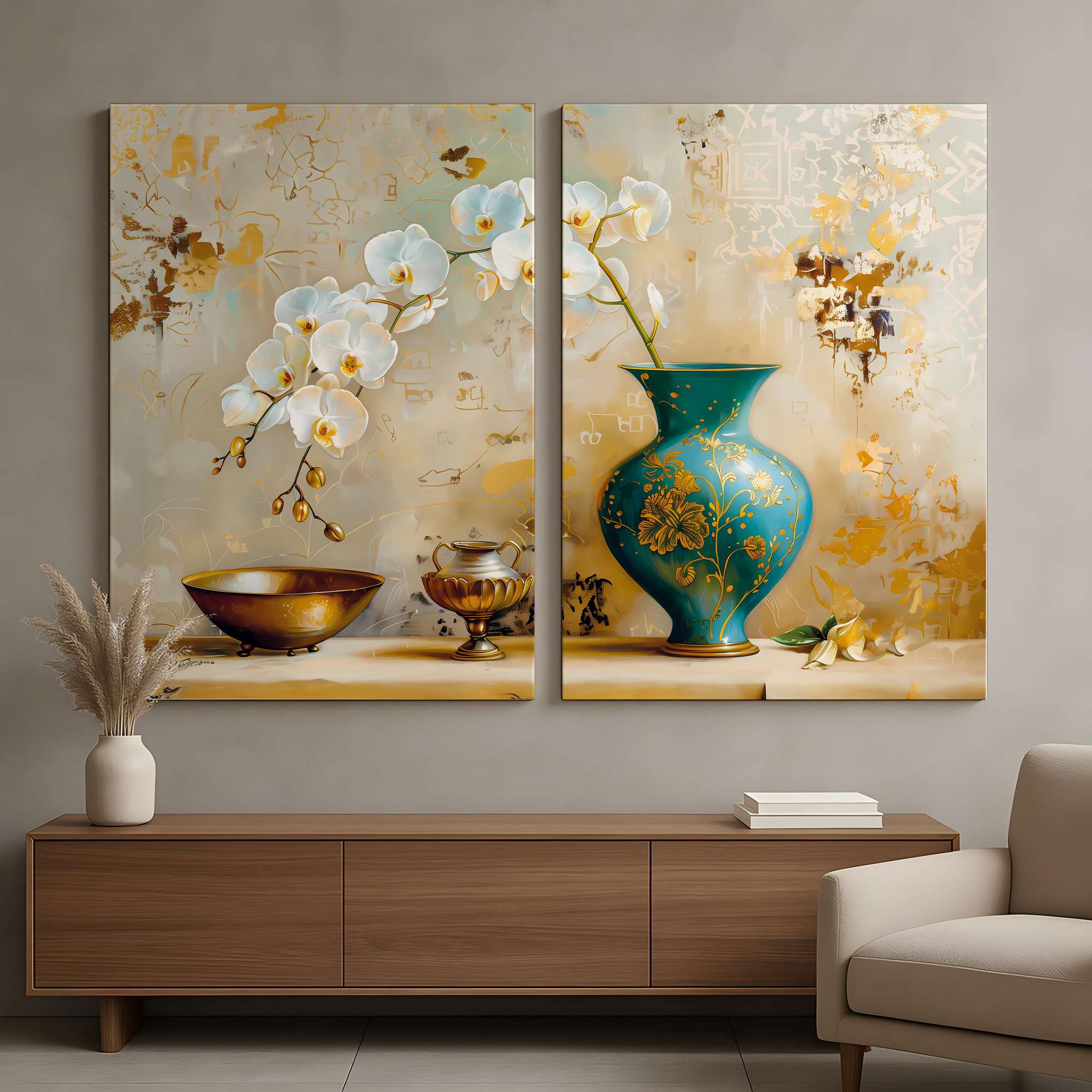 Conjunto de 2 Quadros Decorativos em Tela - Pintura Multicolor 80x120cm com Moldura em Pinho