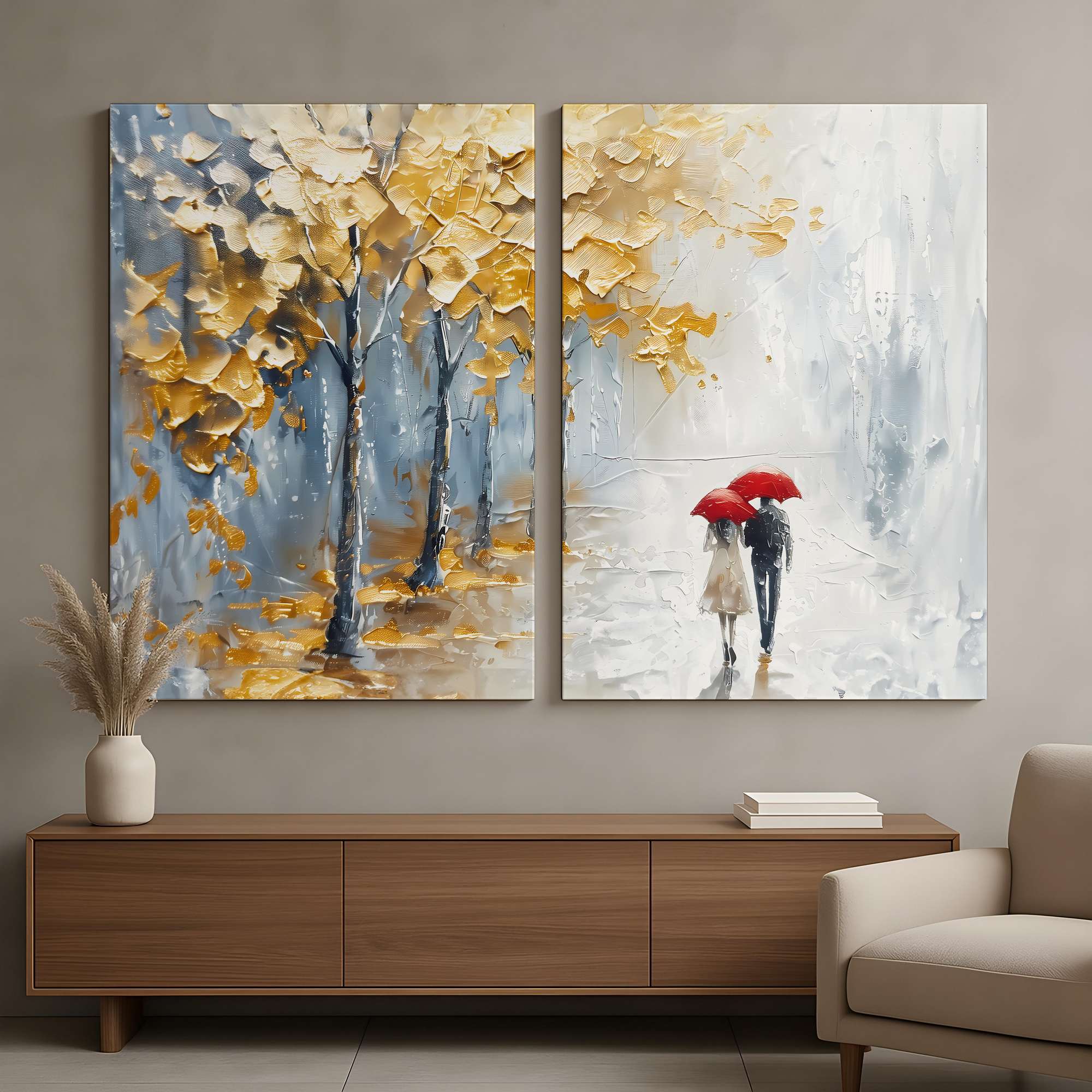 Conjunto de 2 Quadros Decorativos em Tela - Pintura Multicolor 80x120cm com Moldura em Pinho