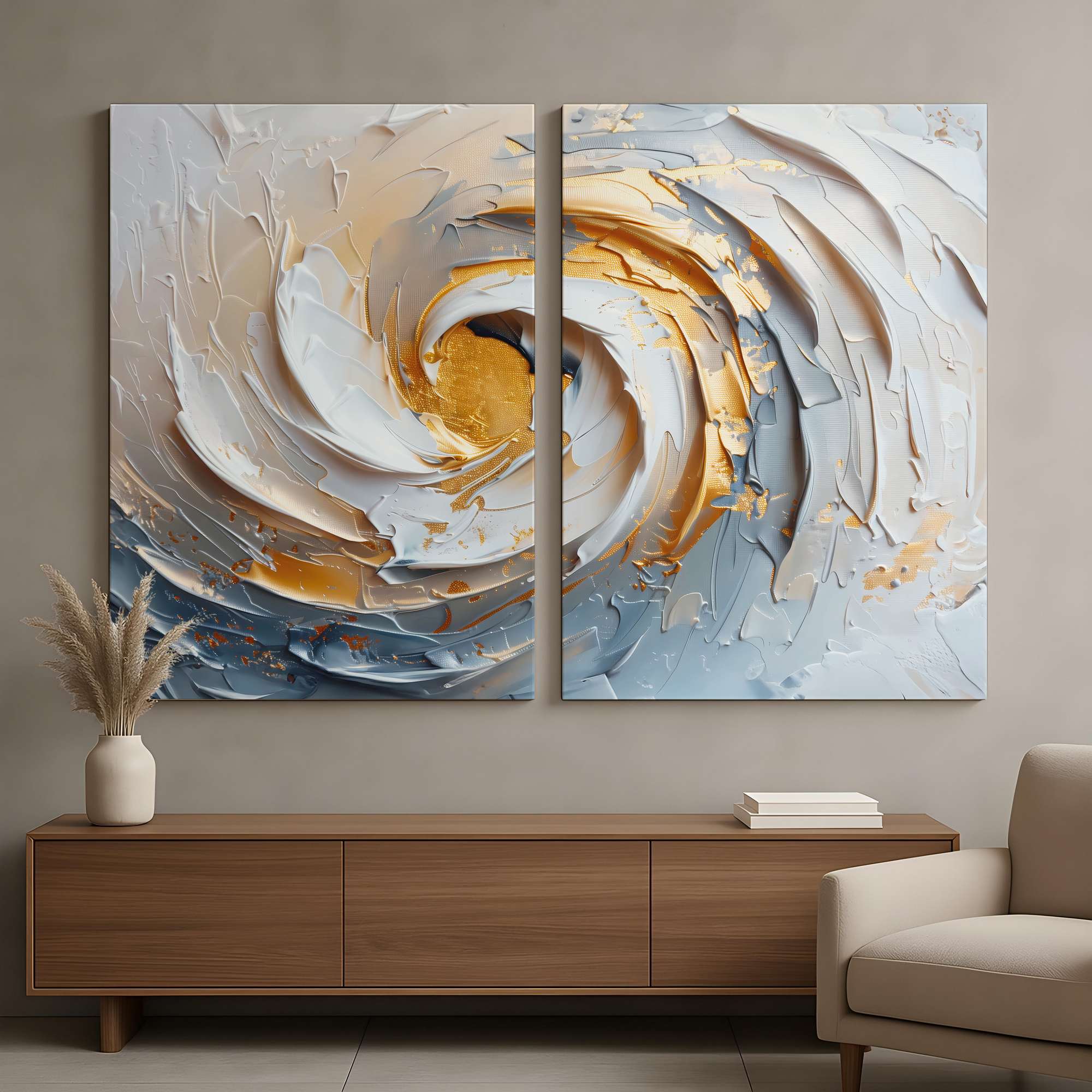 Conjunto de 2 Quadros Decorativos em Tela - Pintura Multicolor 80x120cm com Moldura em Pinho