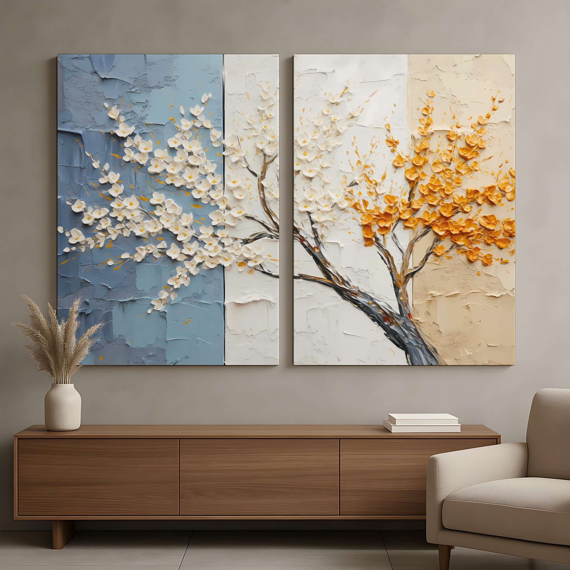 Conjunto de 2 Quadros Decorativos em Tela - Pintura Multicolor 80x120cm com Moldura em Pinho