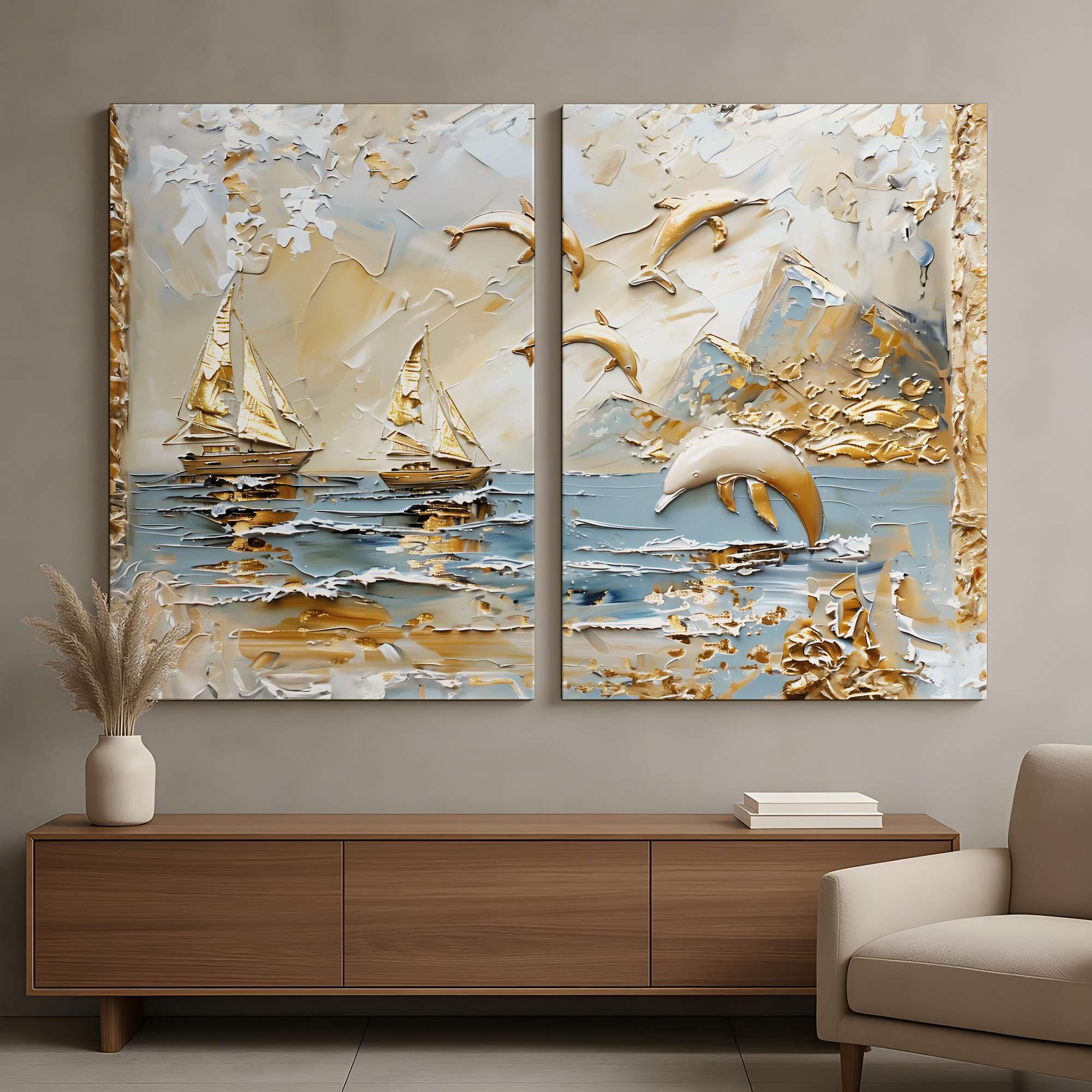 Conjunto de 2 Quadros Decorativos em Tela - Pintura Multicolor 80x120cm com Moldura em Pinho