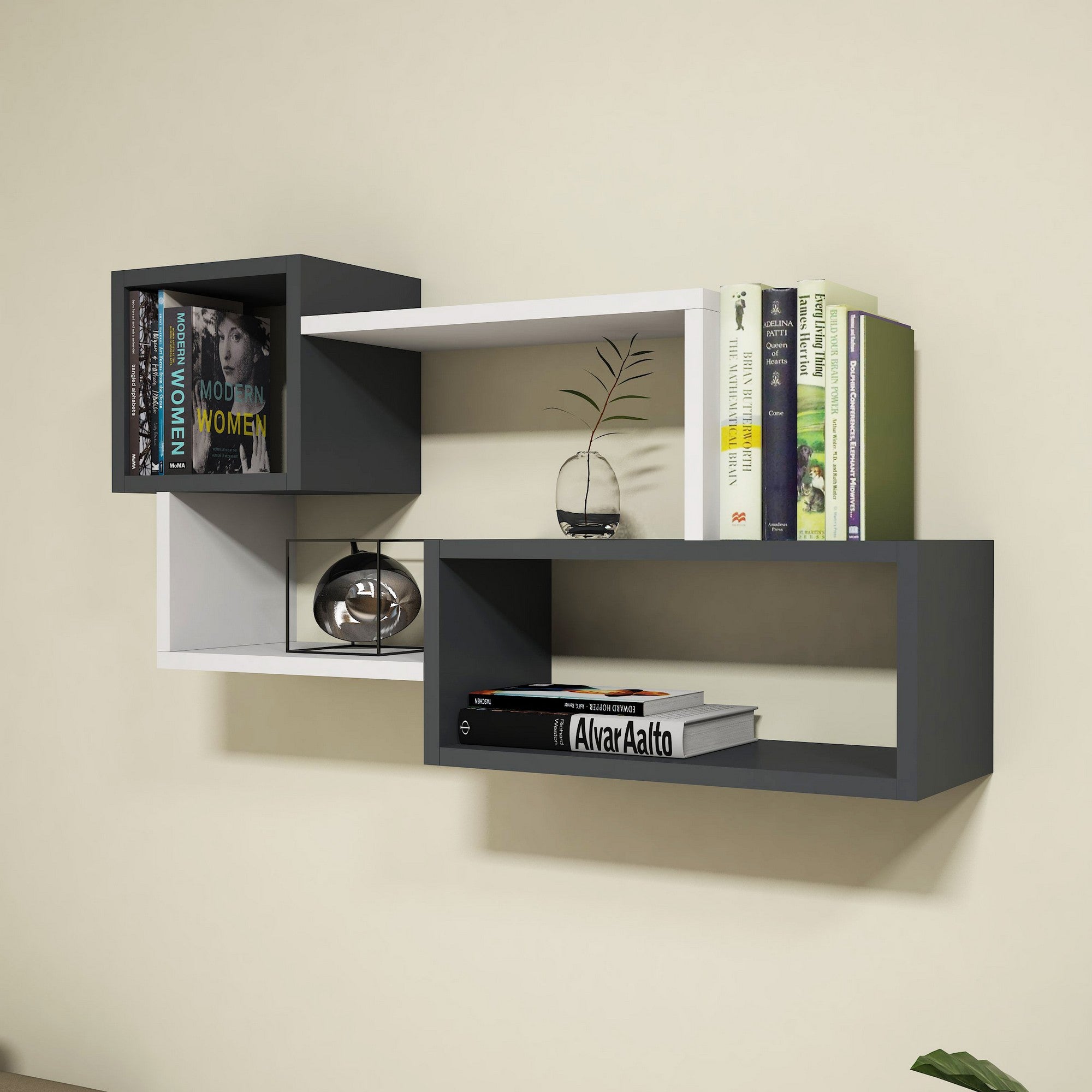 Prateleira de parede moderna, 90,6 cm x 51 cm x 20 cm, branca e antracite | Painel de partículas 100% revestido de melamina, 18 mm de espessura | Solução de armazenamento elegante e funcional