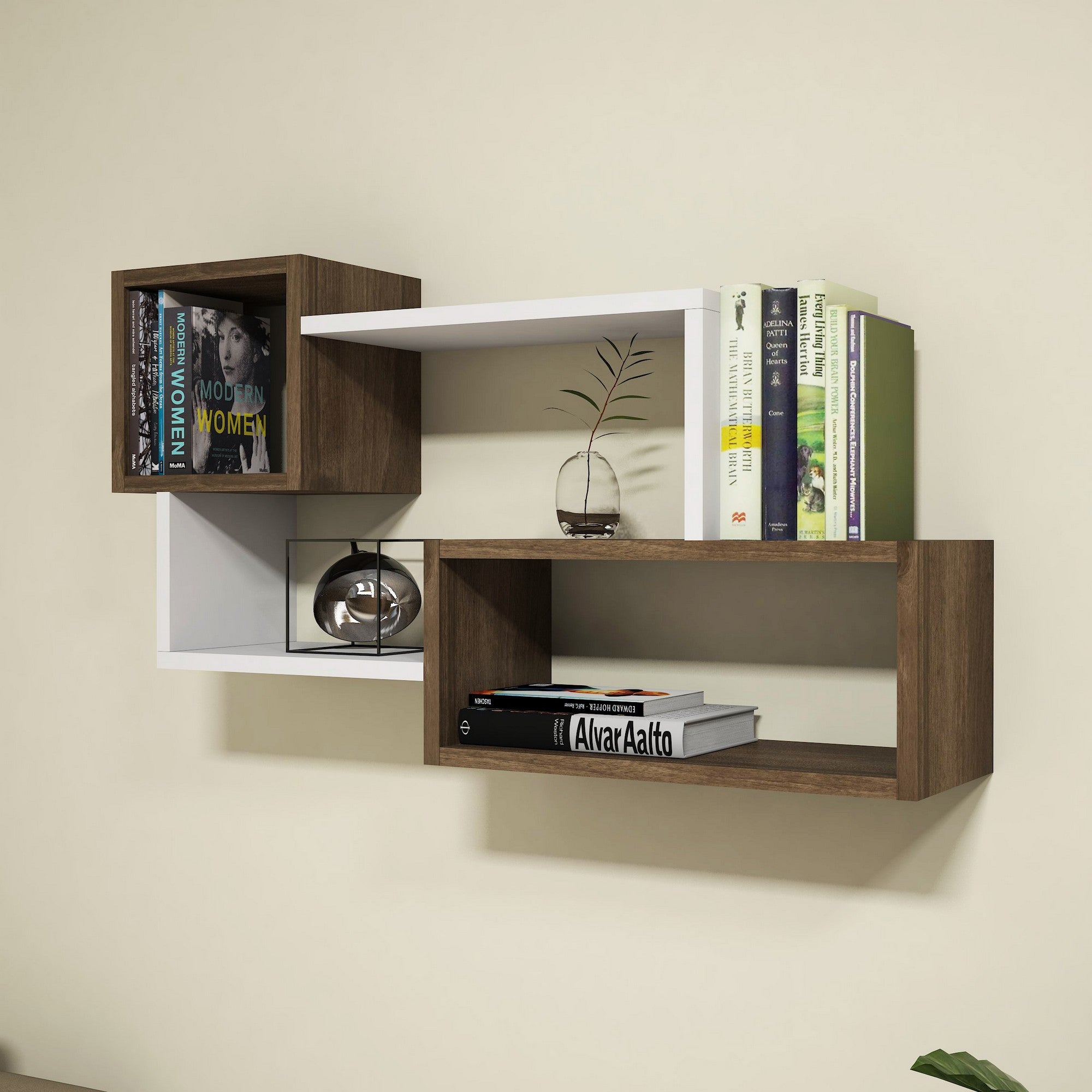 Prateleira de parede moderna, branca e nogueira, 90,6 x 51 x 20 cm | Painel de partículas 100% revestido de melamina, 18 mm de espessura | Solução de armazenamento elegante e funcional para qualquer ambiente