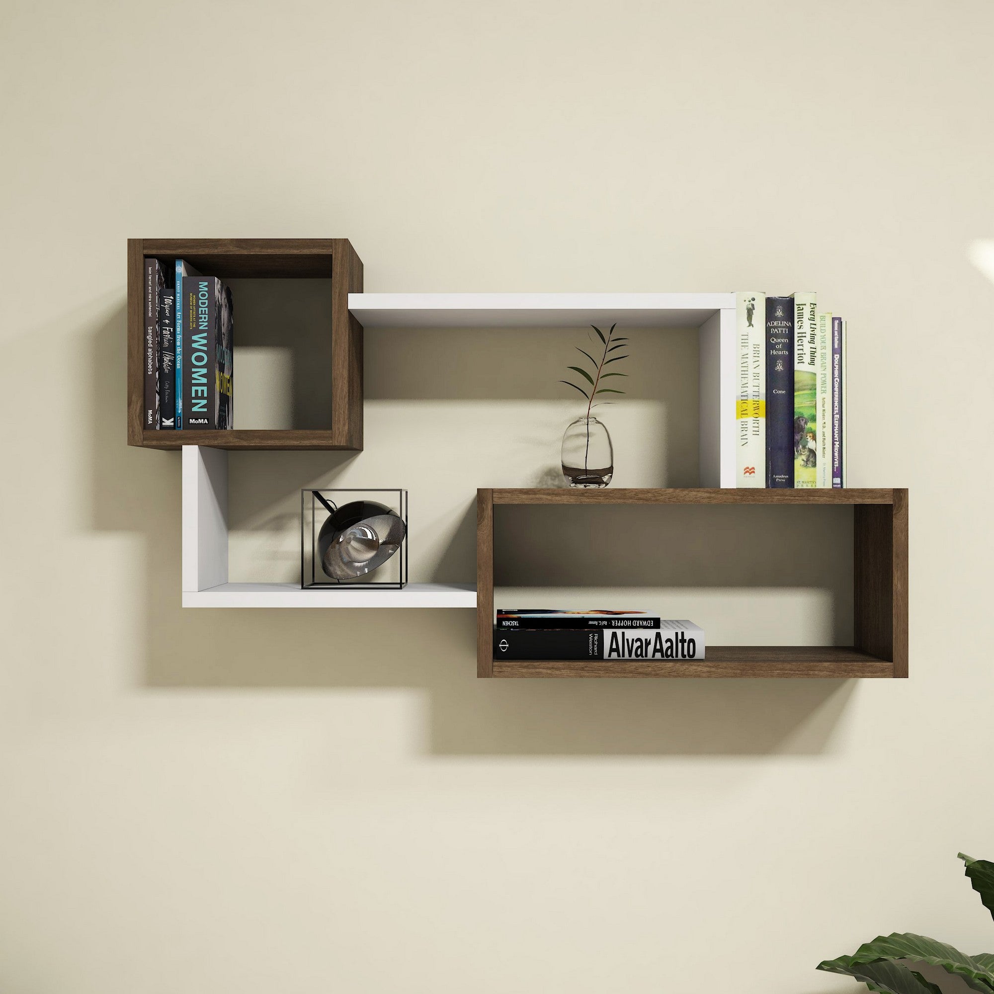 Prateleira de parede moderna, branca e nogueira, 90,6 x 51 x 20 cm | Painel de partículas 100% revestido de melamina, 18 mm de espessura | Solução de armazenamento elegante e funcional para qualquer ambiente