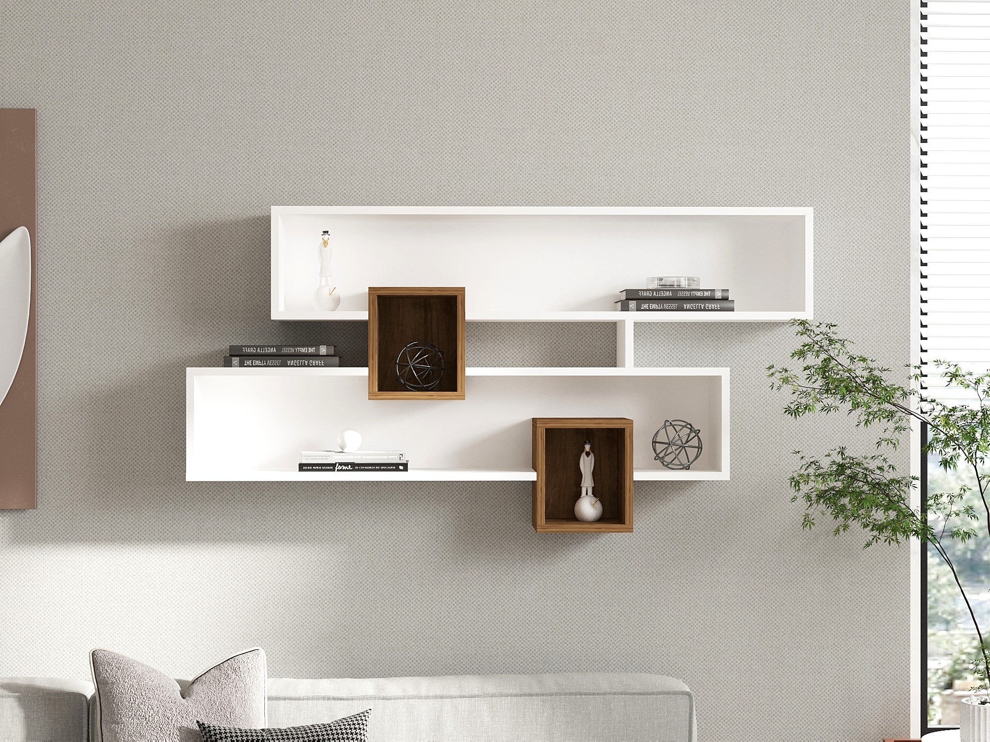 Prateleira de Parede Escandinava, Nogueira e Branco, 120 x 75 x 22 cm | Painel de Partículas 100% Revestido com Melamina, 18 mm de Espessura | Solução de Armazenamento Elegante com Várias Prateleiras