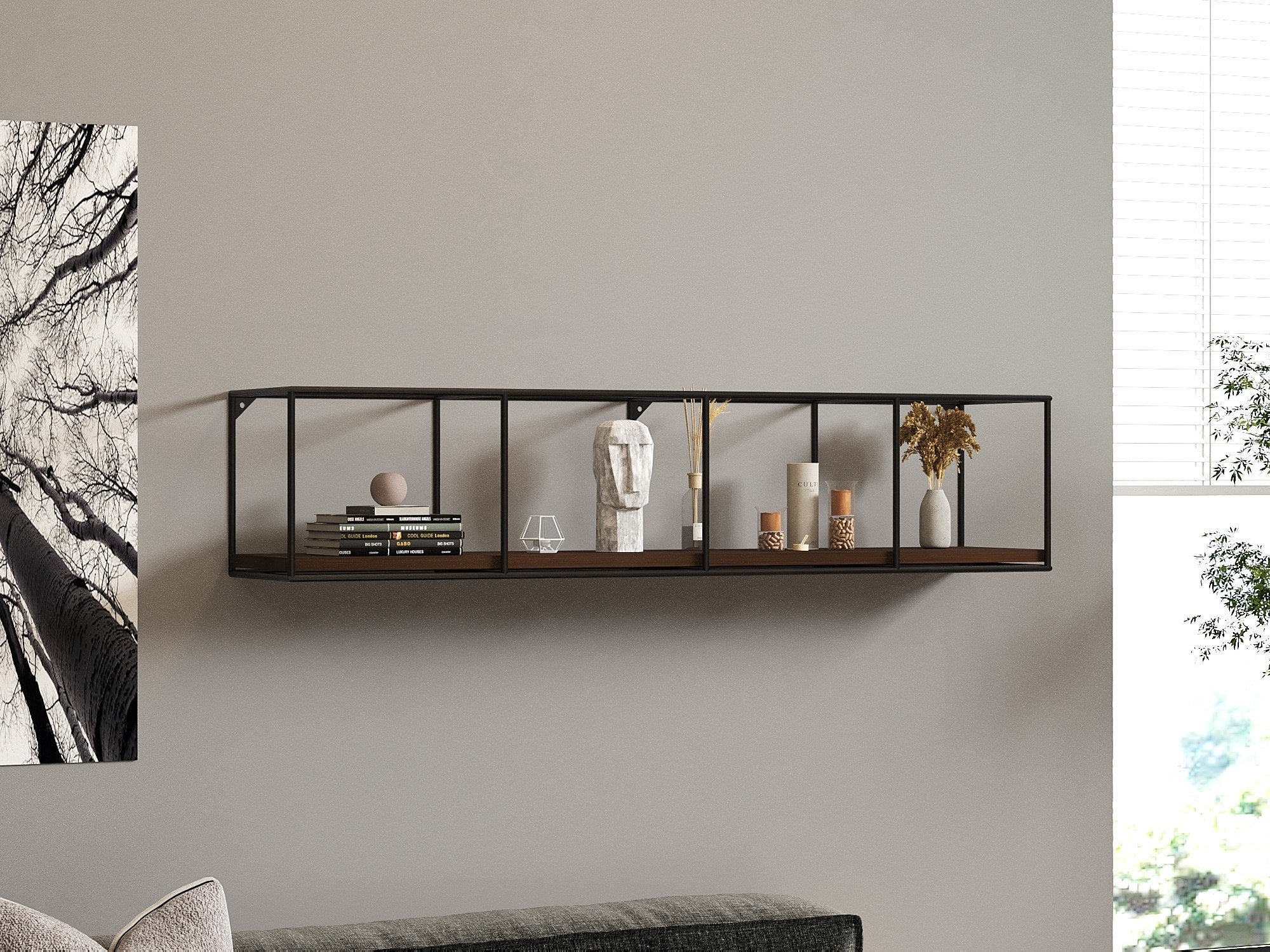 Prateleira de Parede Escandinava, 120 cm x 30 cm x 30 cm, 100% madeira de pinho e estrutura de metal, nogueira e preto | Solução de Armazenamento Elegante para Casas Modernas