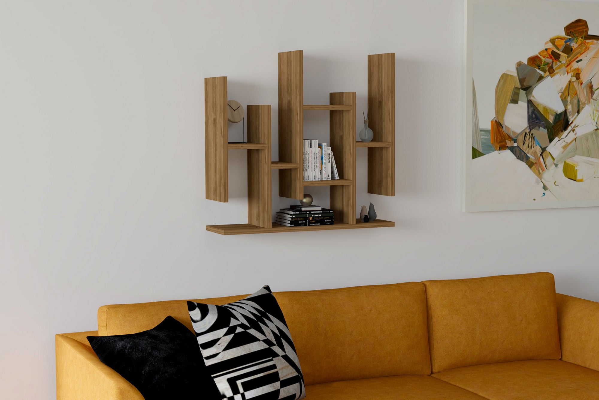 Prateleira de parede escandinava, acabamento em nogueira, 70 cm x 68,8 cm x 19,6 cm | Painel de partículas 100% revestido em melamina, 18 mm de espessura | Solução de armazenamento elegante e funcional