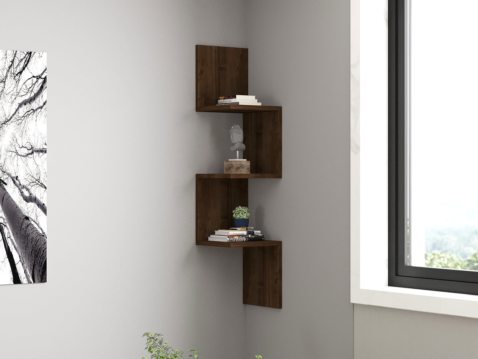 Prateleira de parede escandinava, acabamento em nogueira, 25 x 105,4 x 25 cm | Painel de partículas 100% revestido em melamina, 18 mm de espessura | Solução de armazenamento elegante e funcional
