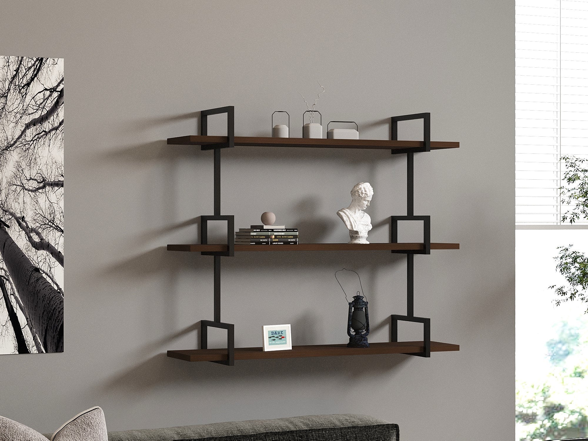 Prateleira de parede industrial com pés de metal, acabamento em nogueira, 87 x 76 x 22,5 cm | 100% madeira de pinho, várias prateleiras, montável na parede, solução de armazenamento elegante