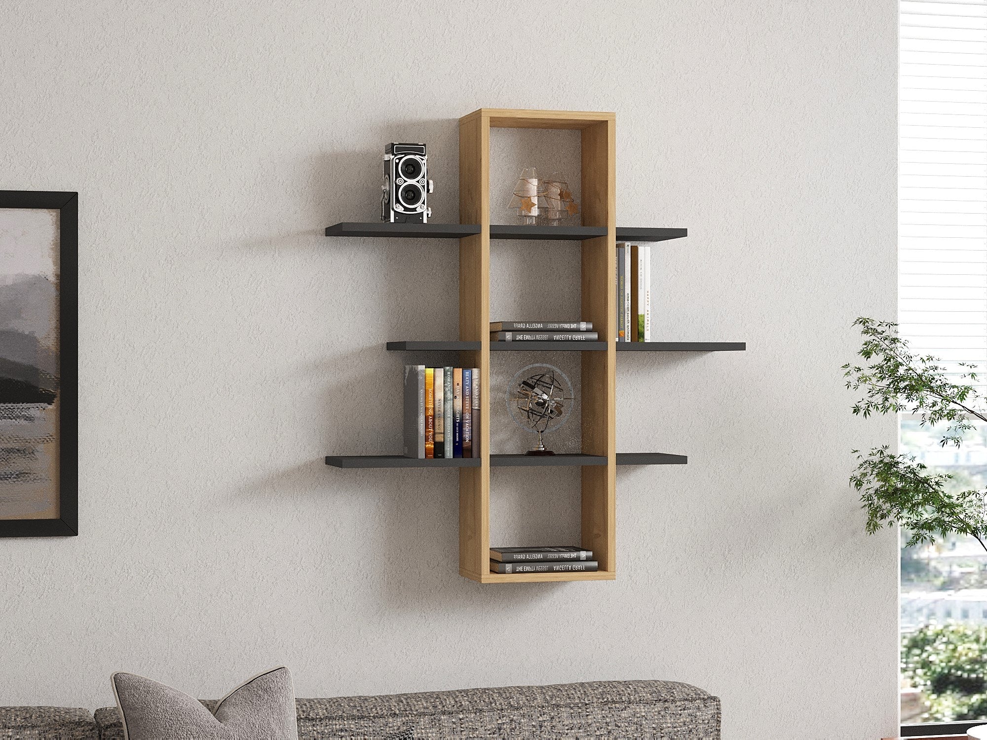 Prateleira de Parede Escandinava, Safira e Antracite, 96 x 101 x 19,6 cm | Painel de Partículas 100% Revestido com Melamina, 18 mm de Espessura | Solução de Armazenamento Elegante