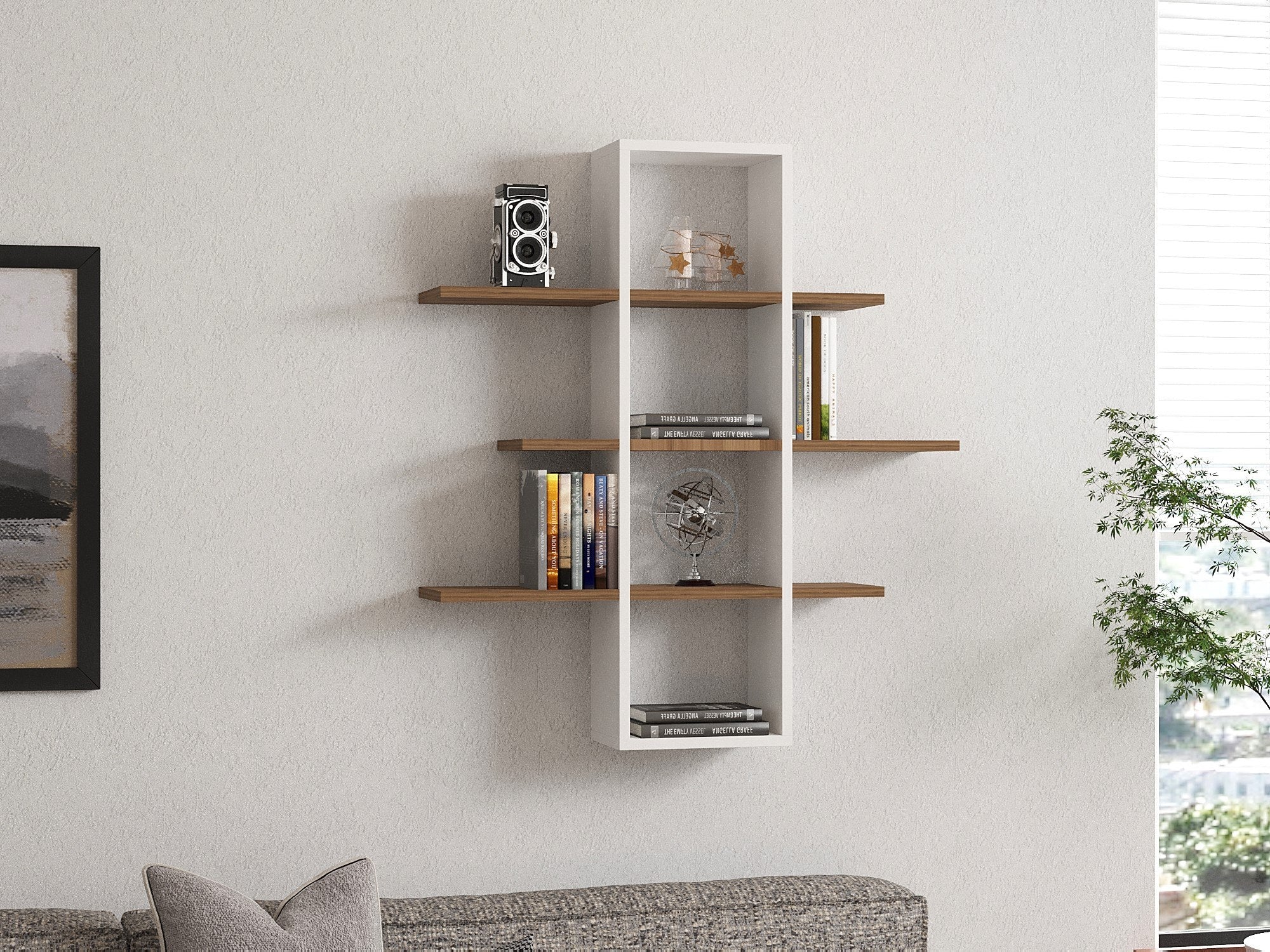Prateleira de Parede Escandinava, Nogueira e Branco, 96 x 101 x 19,6 cm | Painel de Partículas 100% Revestido com Melamina, 18 mm de Espessura | Solução de Armazenamento Elegante para Espaços Modernos