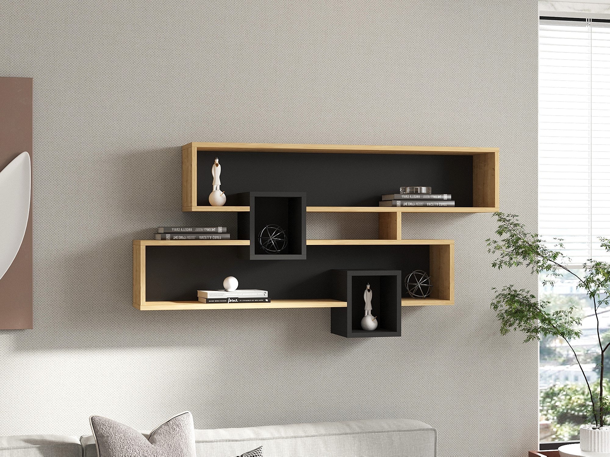 Prateleira de parede escandinava, safira e antracite, 120 x 72,2 x 22 cm | 100% revestida em melamina, 18 mm de espessura | Armazenamento elegante com várias prateleiras