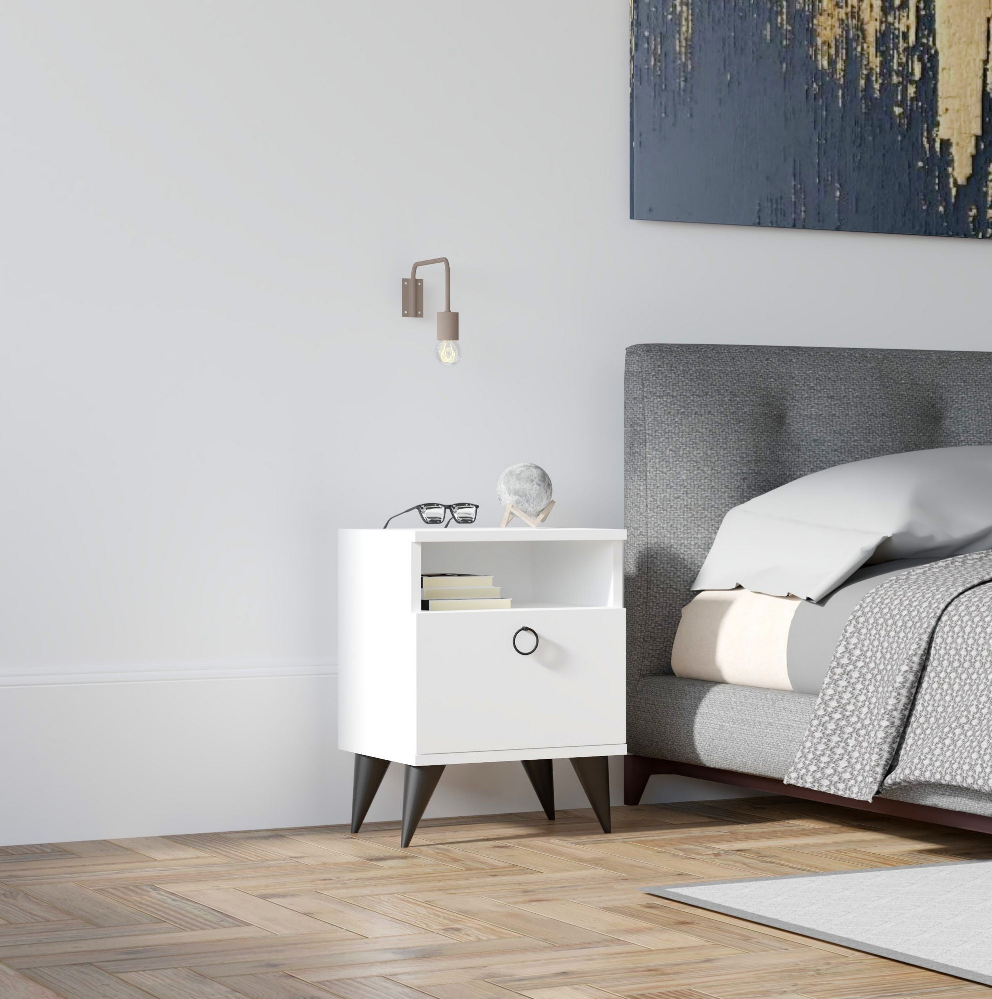 Elegante mesa de cabeceira branca com várias prateleiras, 40 x 50 x 40 cm | Painel de partículas 100% revestido em melamina, 18 mm de espessura | Ideal para hotéis e quartos modernos