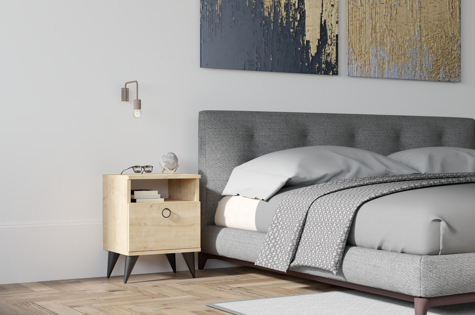 Elegante mesa de cabeceira em safira, 40 x 50 x 40 cm | Painel de partículas 100% revestido em melamina, 18 mm de espessura | Design elegante inspirado em hotéis com pernas de plástico e amplo espaço de armazenamento