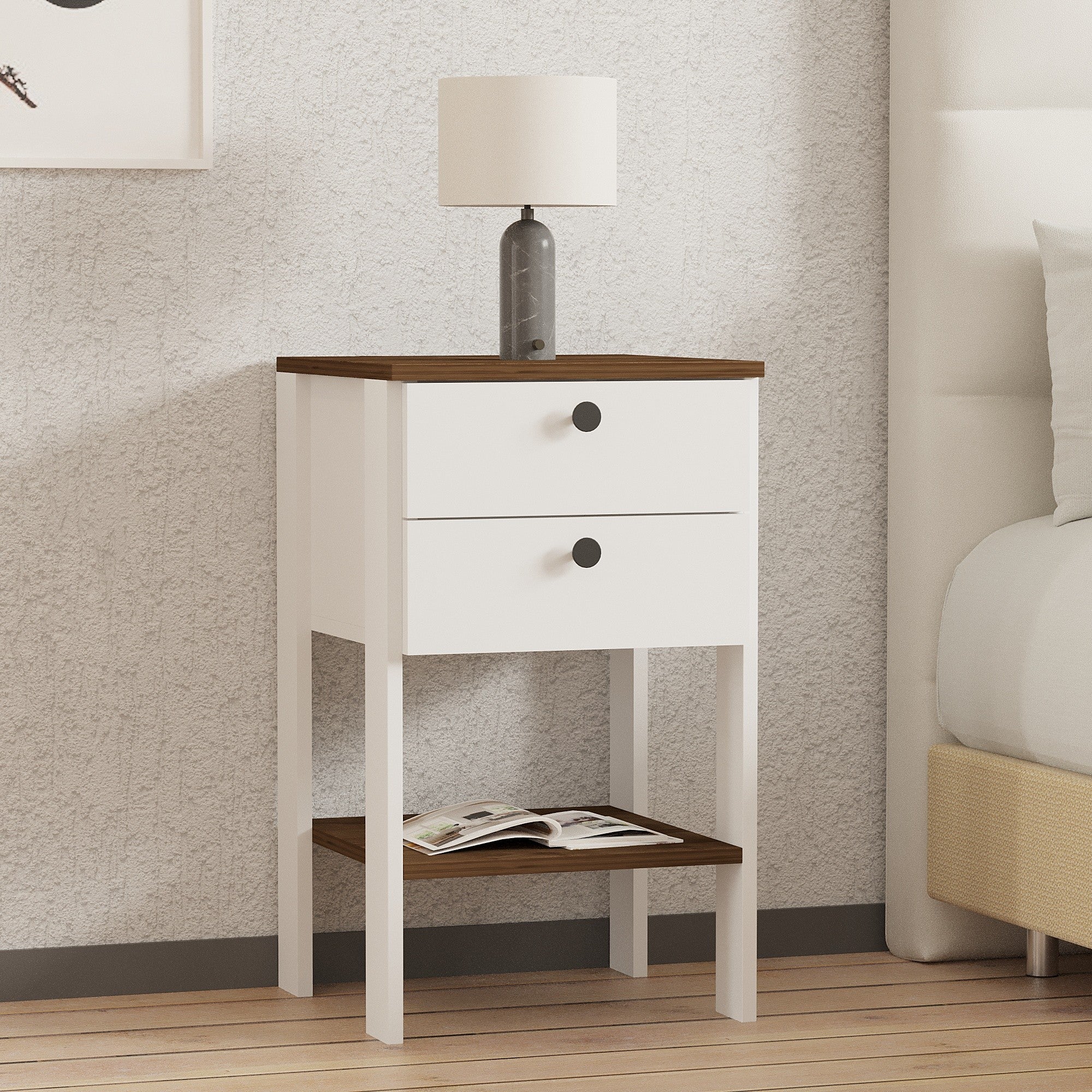 Mesa de Cabeceira Escandinava, Branca e Nogueira, 44 x 75 x 44 cm | Painel de Partículas 100% Revestido em Melamina, 18 mm de Espessura | Elegante e Funcional para Quartos Modernos