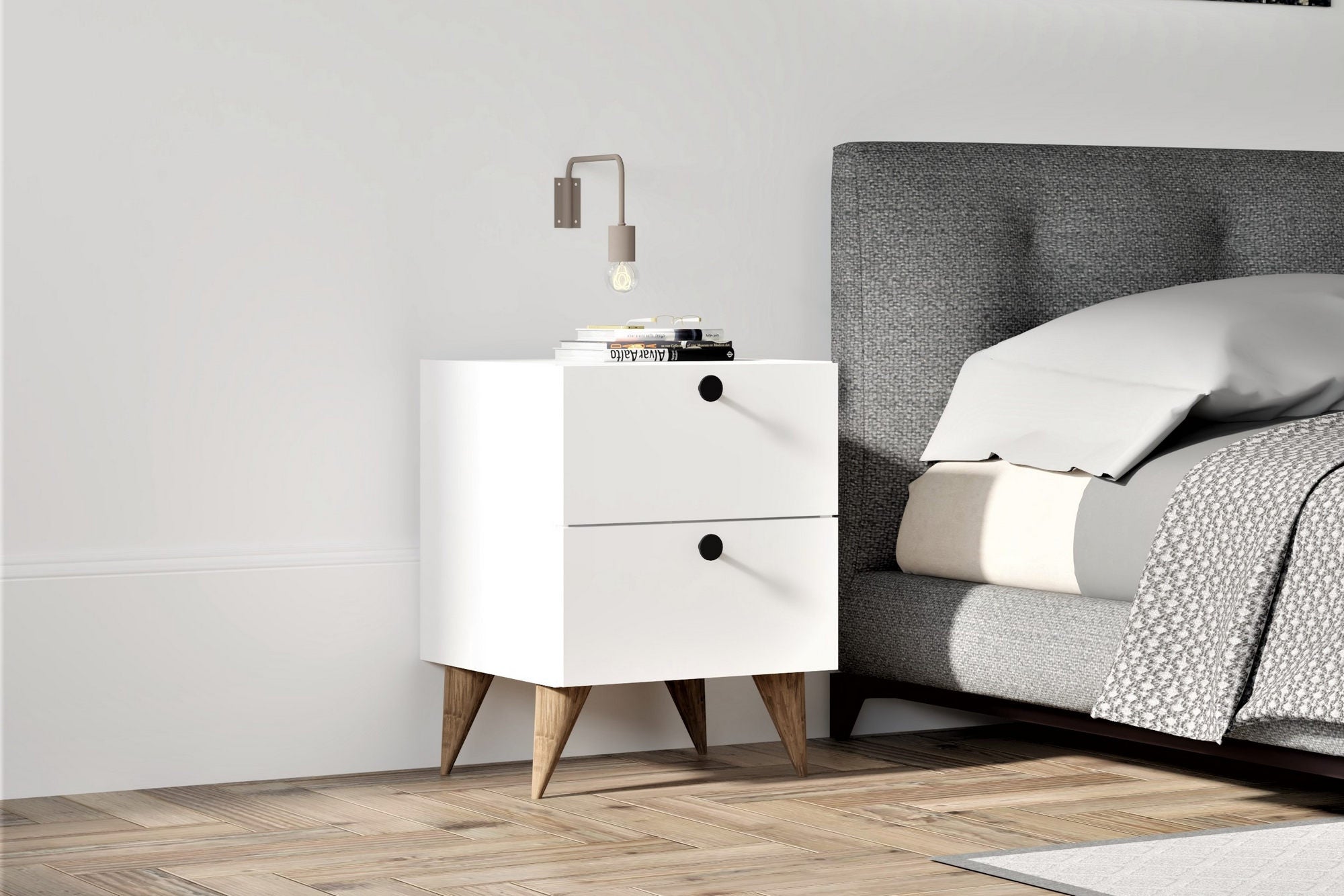 Mesa de Cabeceira Escandinava, Branca, 40 x 55 x 42 cm | Painel de Partículas 100% Revestido em Melamina, 18 mm de Espessura | Elegante e Funcional para Quartos Modernos
