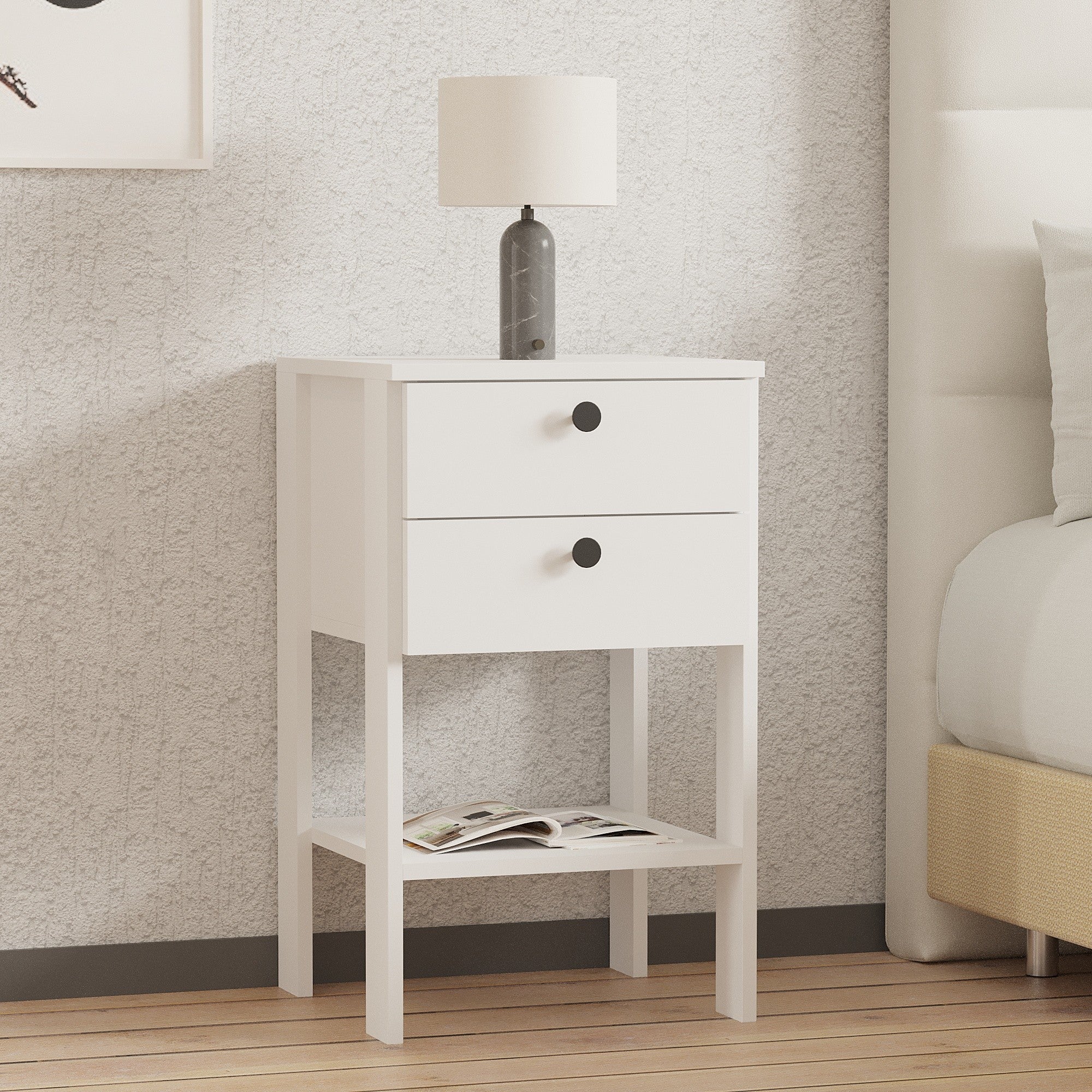 Mesa de Cabeceira Escandinava, Branca, 44 x 75 x 44 cm | Painel de Partículas 100% Revestido em Melamina, 18 mm de Espessura | Elegante e Funcional para Quartos Modernos