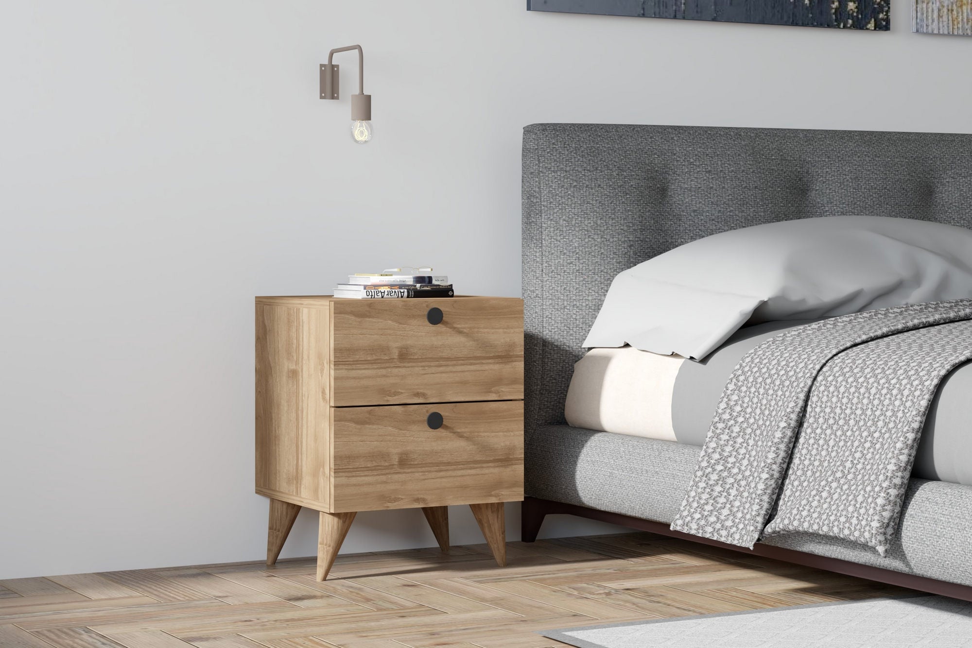 Mesa de Cabeceira Escandinava, Acabamento em Nogueira, 40 x 55 x 42 cm | Painel de Partículas 100% Revestido em Melamina, 18 mm de Espessura | Elegante e Funcional para Quartos Modernos