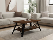 Mesa de Centro Industrial de 2 Andares, Acabamento em Nogueira, 98 x 50 x 43 cm | 100% Madeira de Pinho, Armazenamento Adicional | Perfeita para Decoração de Cabanas e Lodges