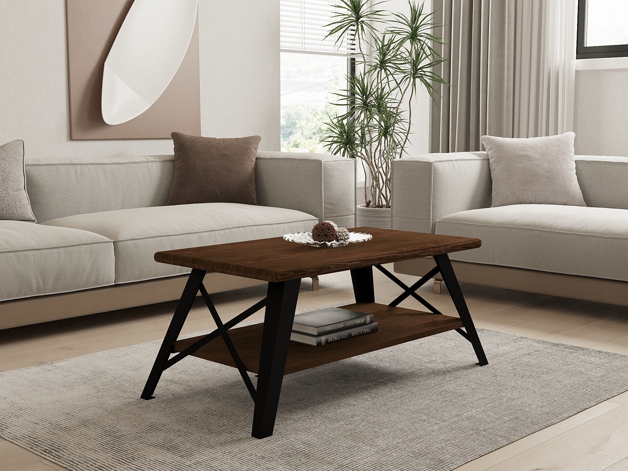 Mesa de Centro Industrial de 2 Andares, Acabamento em Nogueira, 98 x 50 x 43 cm | 100% Madeira de Pinho, Armazenamento Adicional | Perfeita para Decoração de Cabanas e Lodges