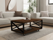 Mesa de Centro Industrial de 2 Andares, Acabamento em Nogueira, 98 x 60 x 42,5 cm | 100% Madeira de Pinho com Estrutura de Metal e 4 Rodízios | Armazenamento Elegante para Decoração de Cabanas e Lodges