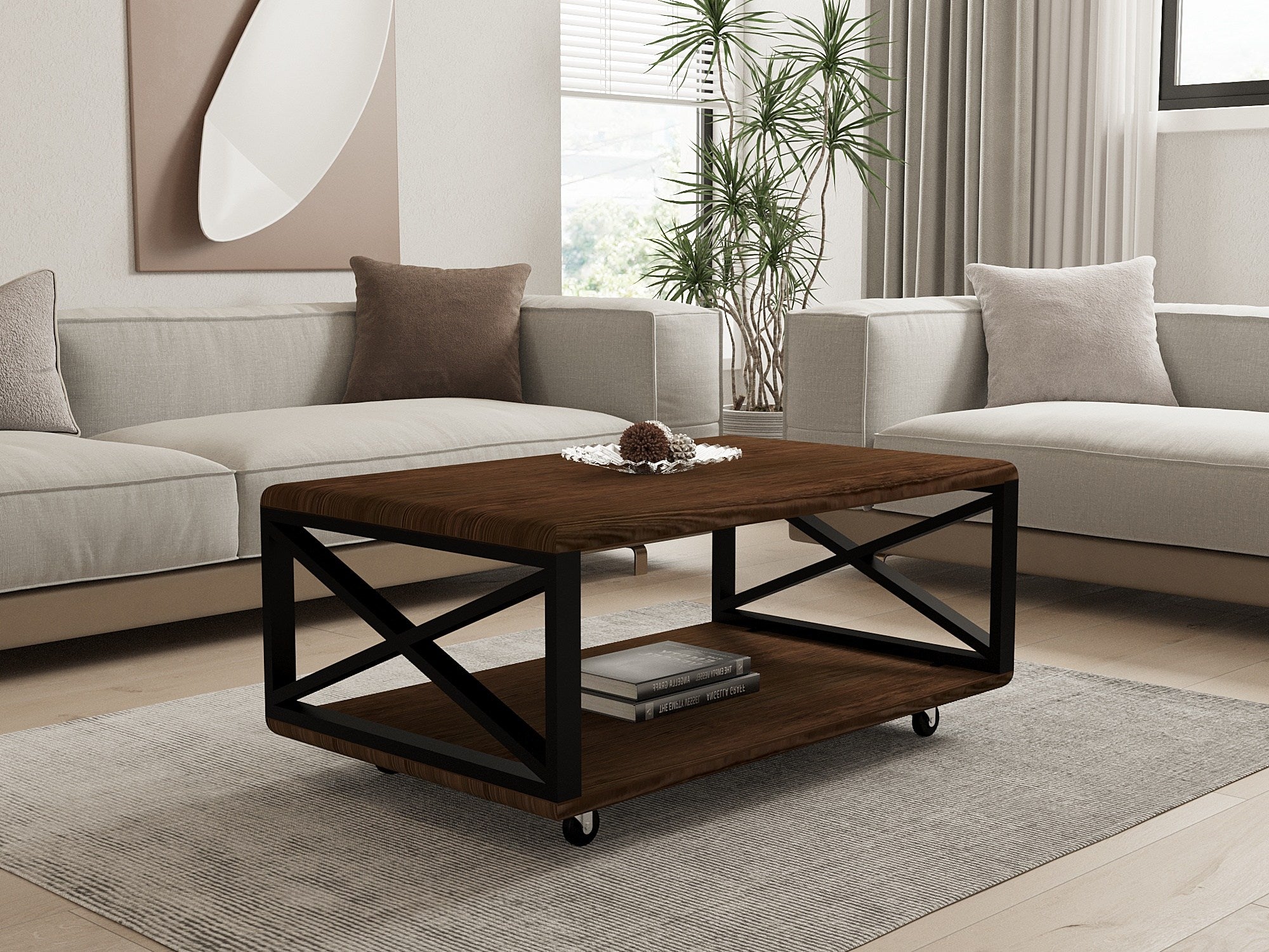 Mesa de Centro Industrial de 2 Andares, Acabamento em Nogueira, 98 x 60 x 42,5 cm | 100% Madeira de Pinho com Estrutura de Metal e 4 Rodízios | Armazenamento Elegante para Decoração de Cabanas e Lodges