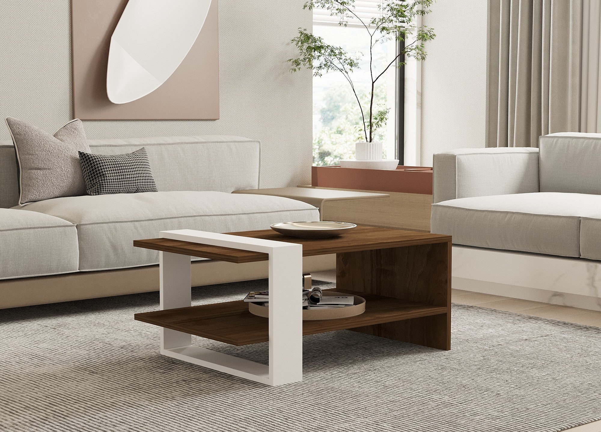 Mesa de Centro Elegante de 2 Andares, Nogueira e Branco, 80 x 35 x 50 cm | Painel de Partículas 100% Revestido com Melamina, 18 mm de Espessura | Armazenamento Versátil para Espaços Modernos