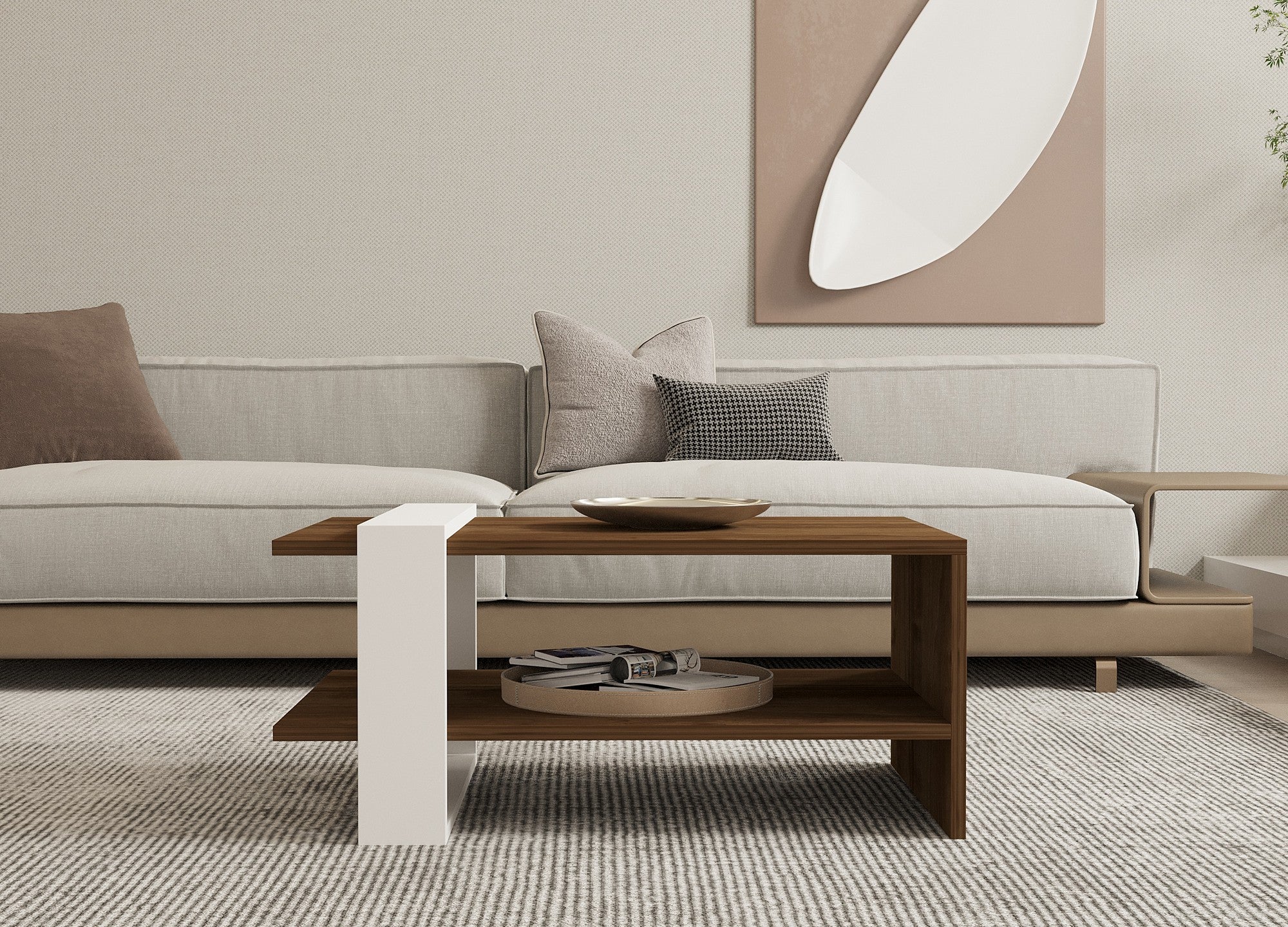 Mesa de Centro Elegante de 2 Andares, Nogueira e Branco, 80 x 35 x 50 cm | Painel de Partículas 100% Revestido com Melamina, 18 mm de Espessura | Armazenamento Versátil para Espaços Modernos