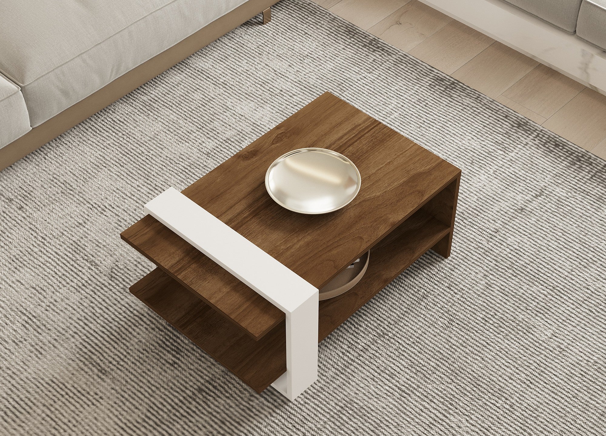 Mesa de Centro Elegante de 2 Andares, Nogueira e Branco, 80 x 35 x 50 cm | Painel de Partículas 100% Revestido com Melamina, 18 mm de Espessura | Armazenamento Versátil para Espaços Modernos