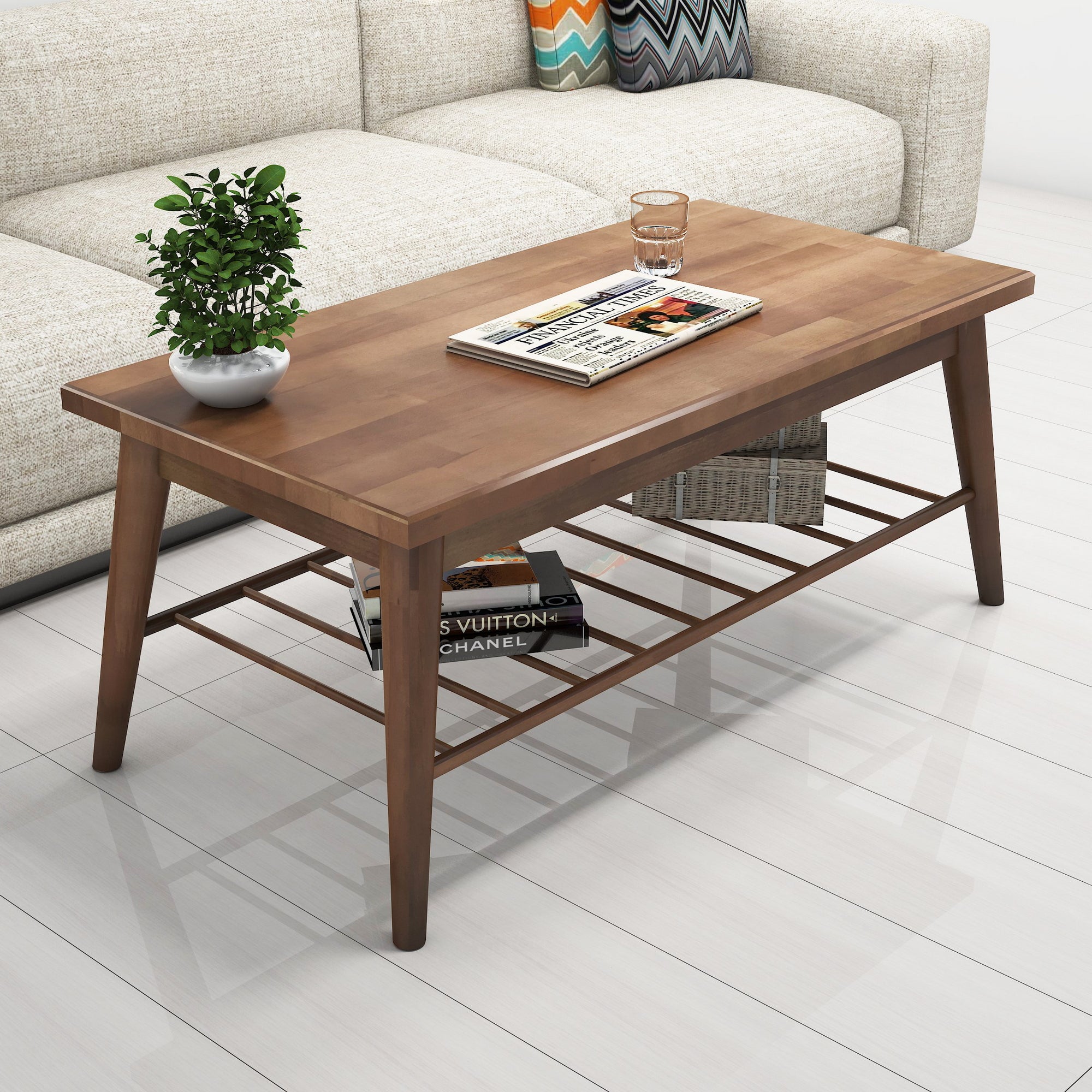 Mesa de Centro Elegante em Nogueira, 110 cm x 47 cm x 55 cm | 100% Madeira de Pinho, Design de 2 Andares com Armazenamento Adicional | Perfeita para Salas de Estar e Espaços Modernos