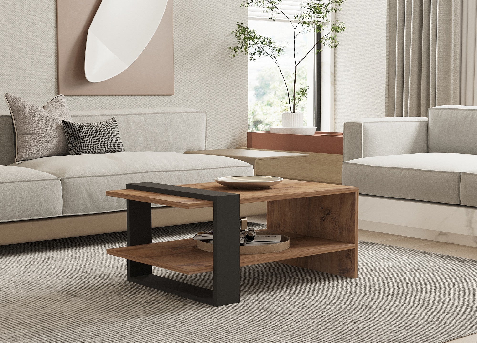 Mesa de Centro Industrial de 2 Andares, Carvalho e Antracite, 80 x 35 x 55 cm | Painel de Partículas 100% Revestido com Melamina, 18 mm de Espessura | Elegante e Funcional com Armazenamento Adicional